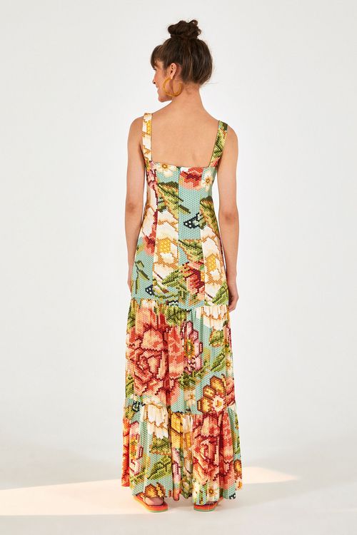 vestido longo chita bordada
