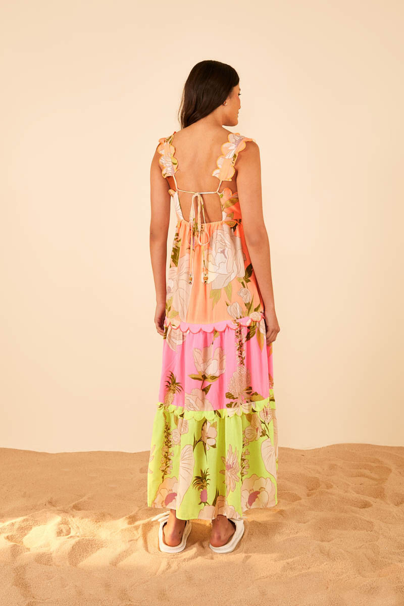Vestido Festonê Estampado Calor Floral Patch Neon