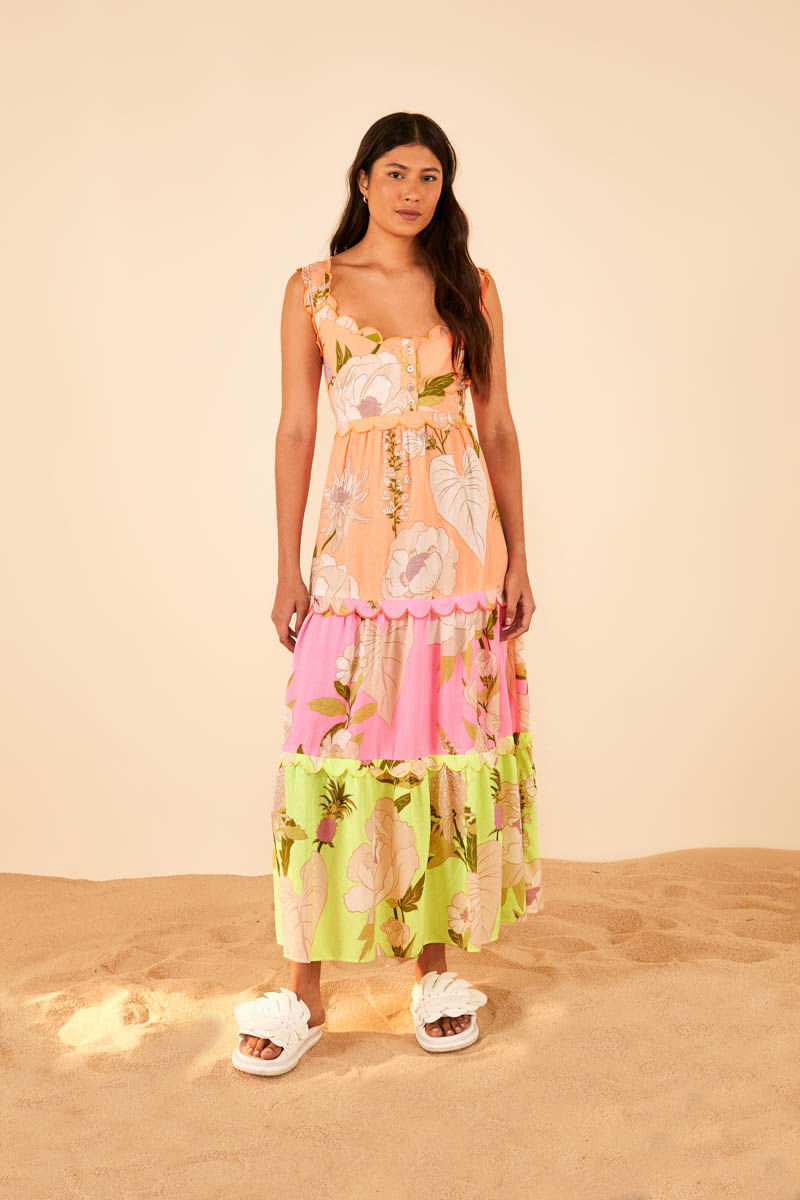 Vestido Festonê Estampado Calor Floral Patch Neon