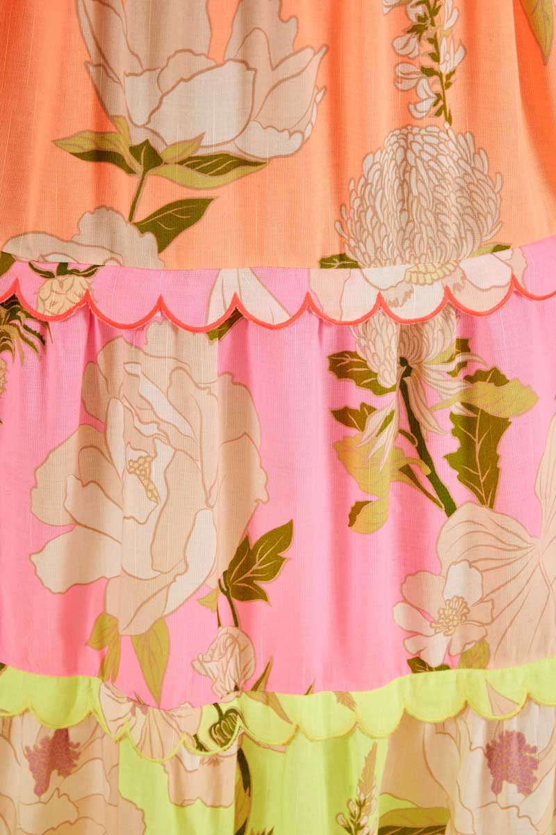 Vestido Festonê Estampado Calor Floral Patch Neon