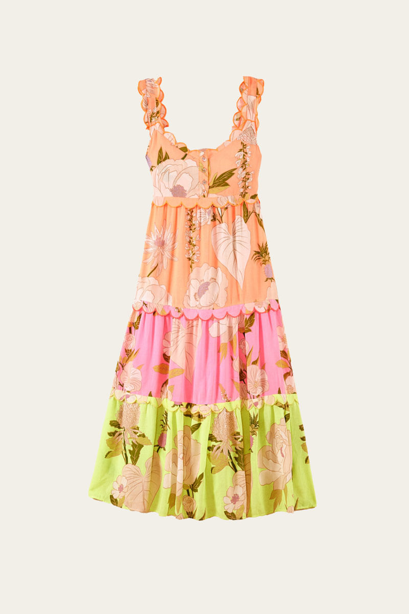 Vestido Festonê Estampado Calor Floral Patch Neon