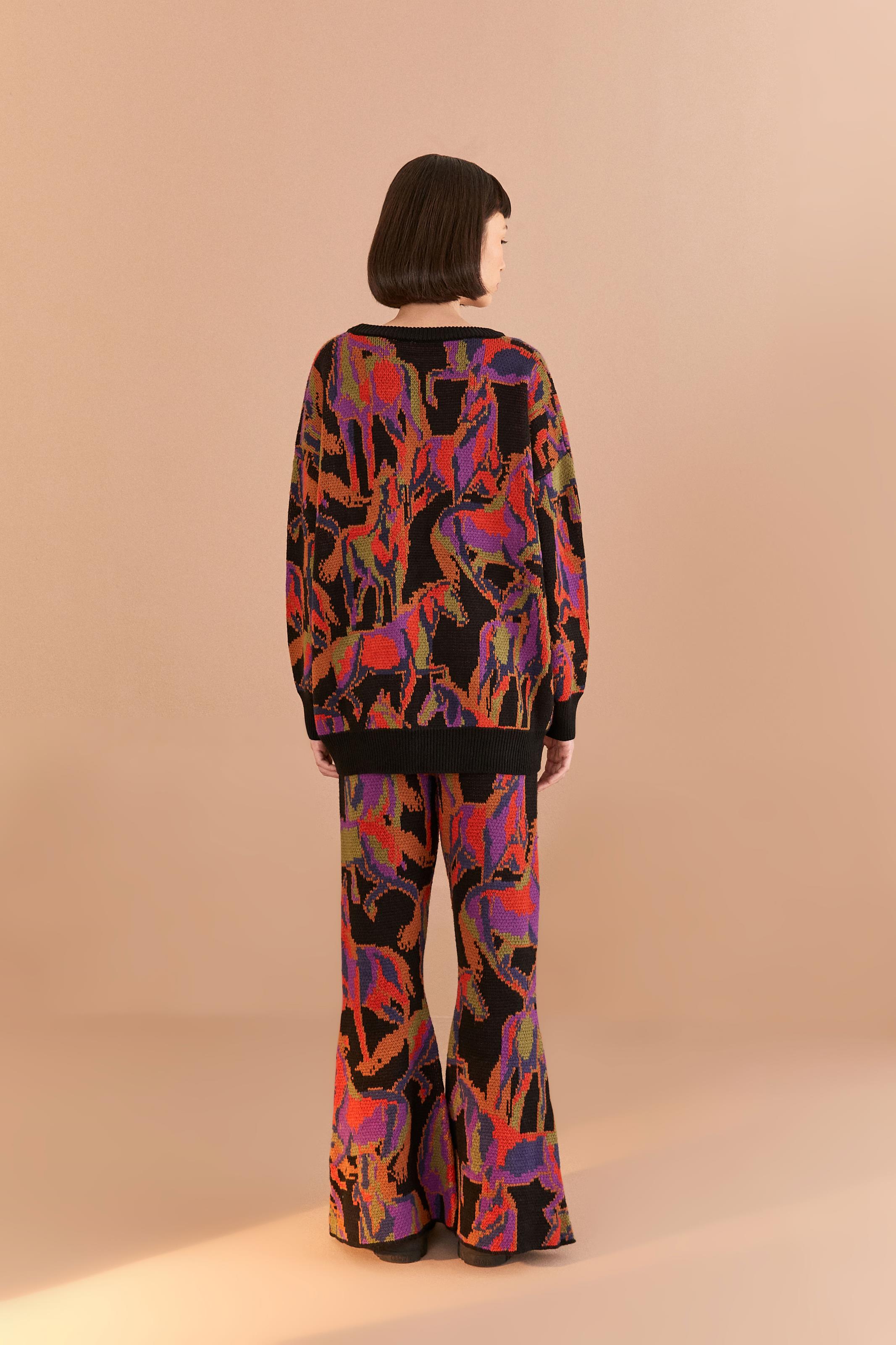 Calça Flare Tricot Estampada Cavalos Coloridos