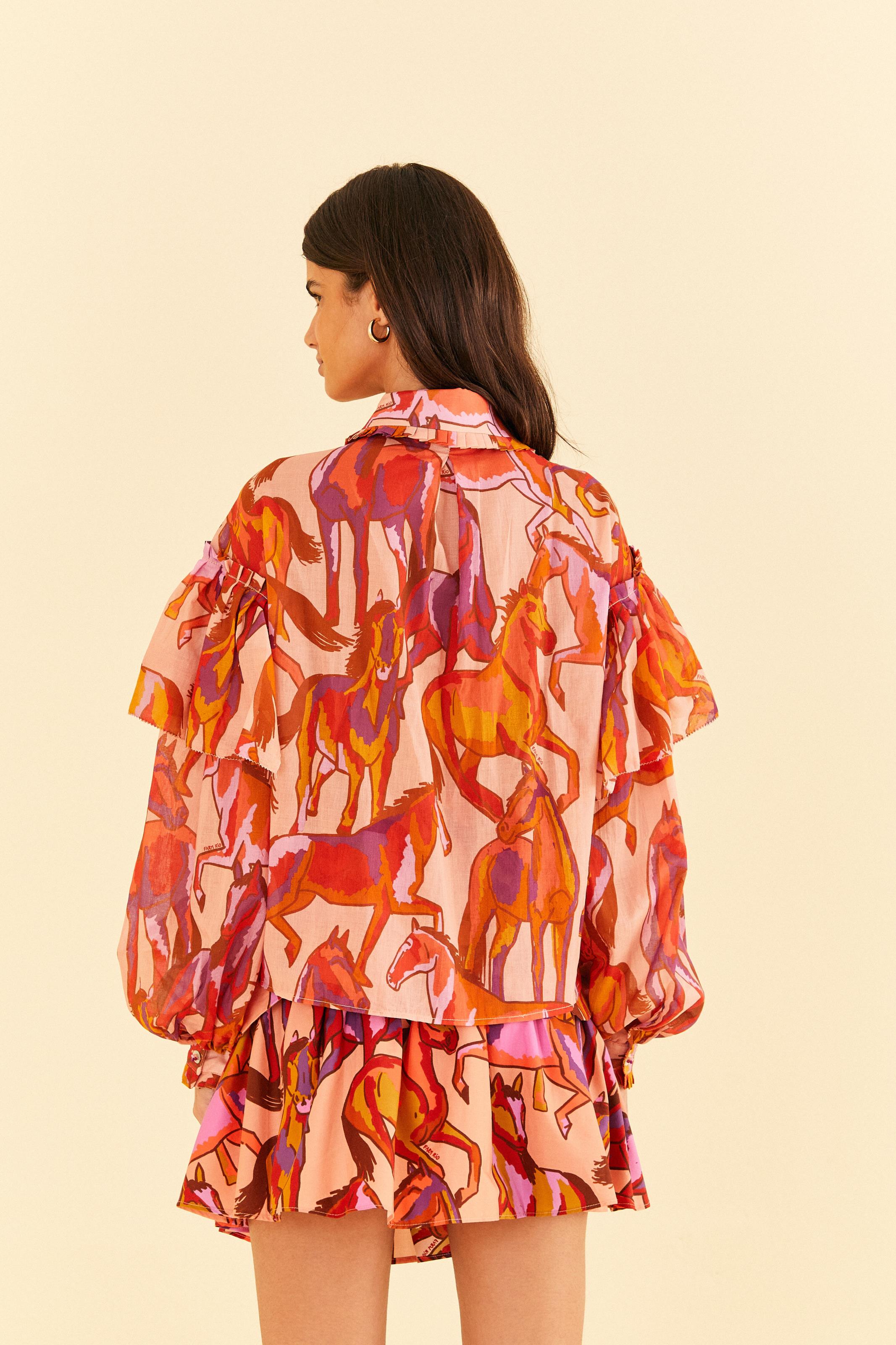 Blusa Manga Longa Estampada Cavalos Coloridos