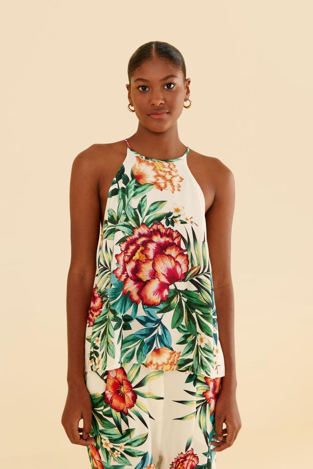 Blusa Regata Cropped em Tricô com Estampa de Mini Flores - Cor: Branco -  Tamanho: G - Shopping TudoAzul