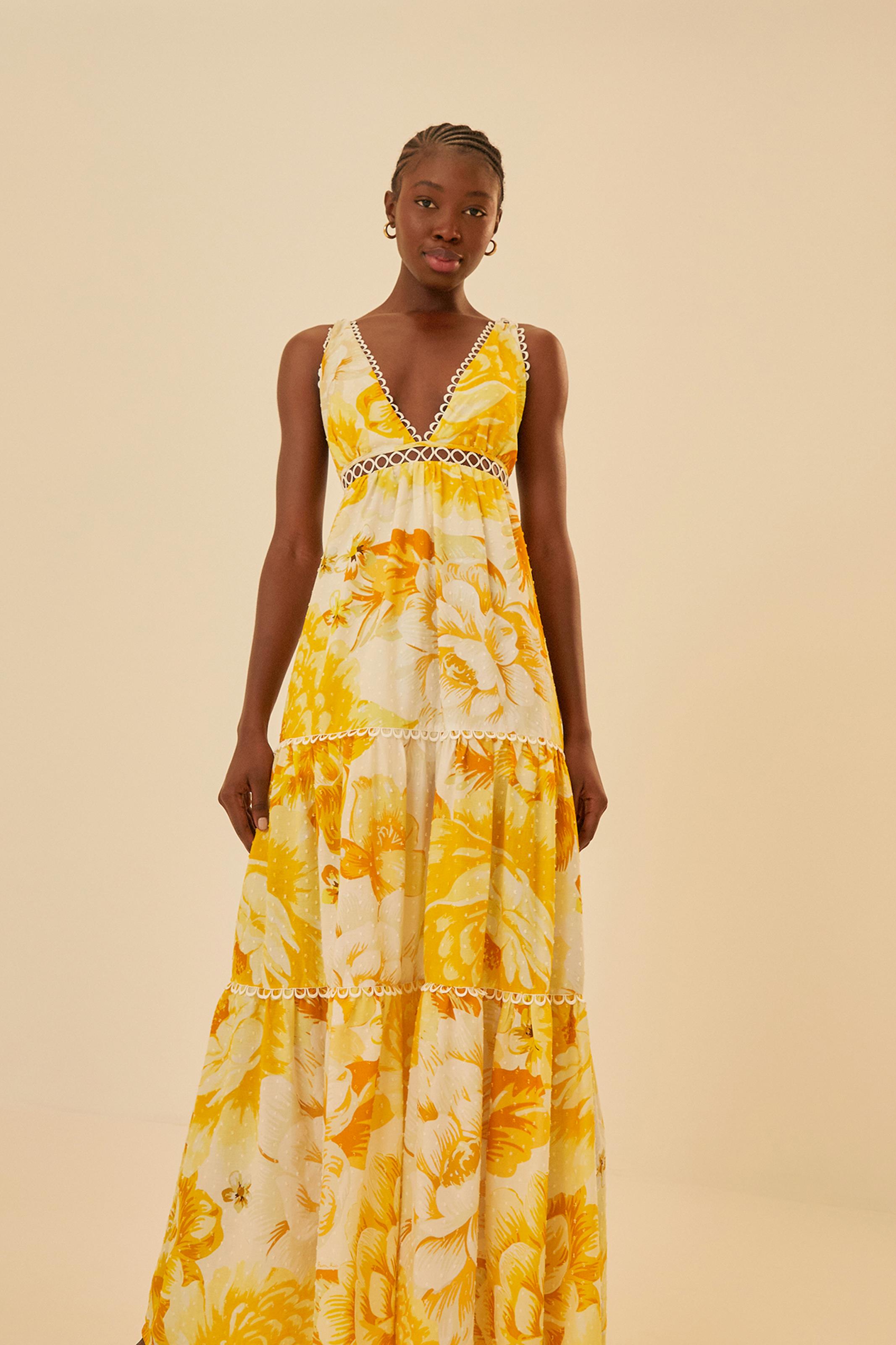 Vestido Farm Vestido Midi Maxi Chita Saia Chita Azulejo Farm