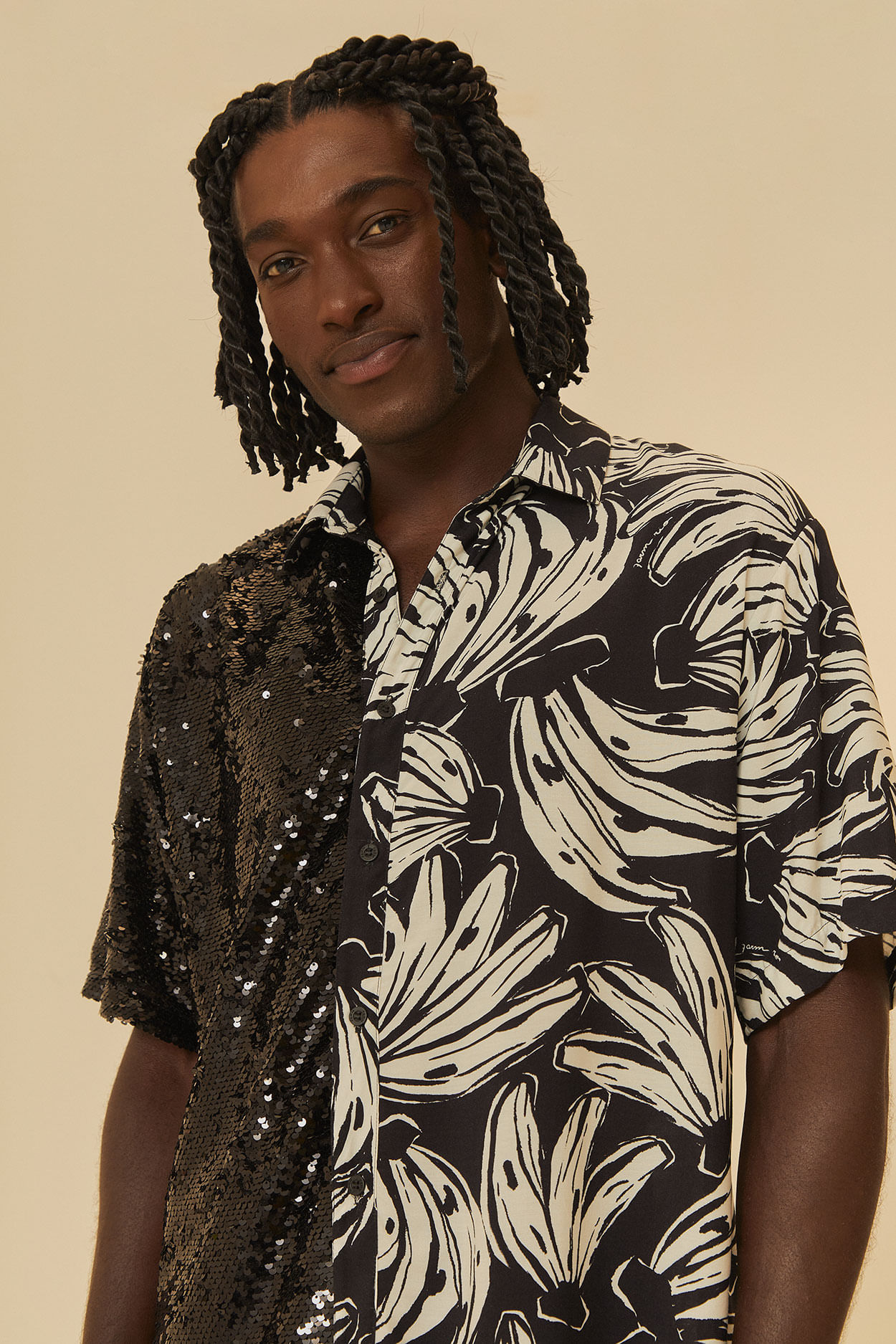 Camisa Meio a Meio Estampada Banana Sketch