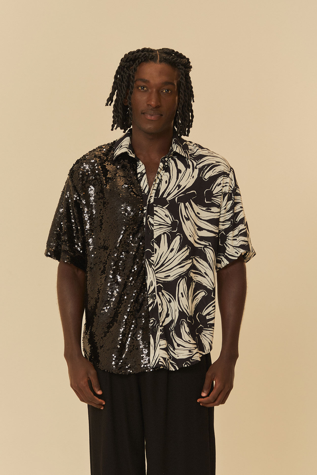 Camisa Meio a Meio Estampada Banana Sketch