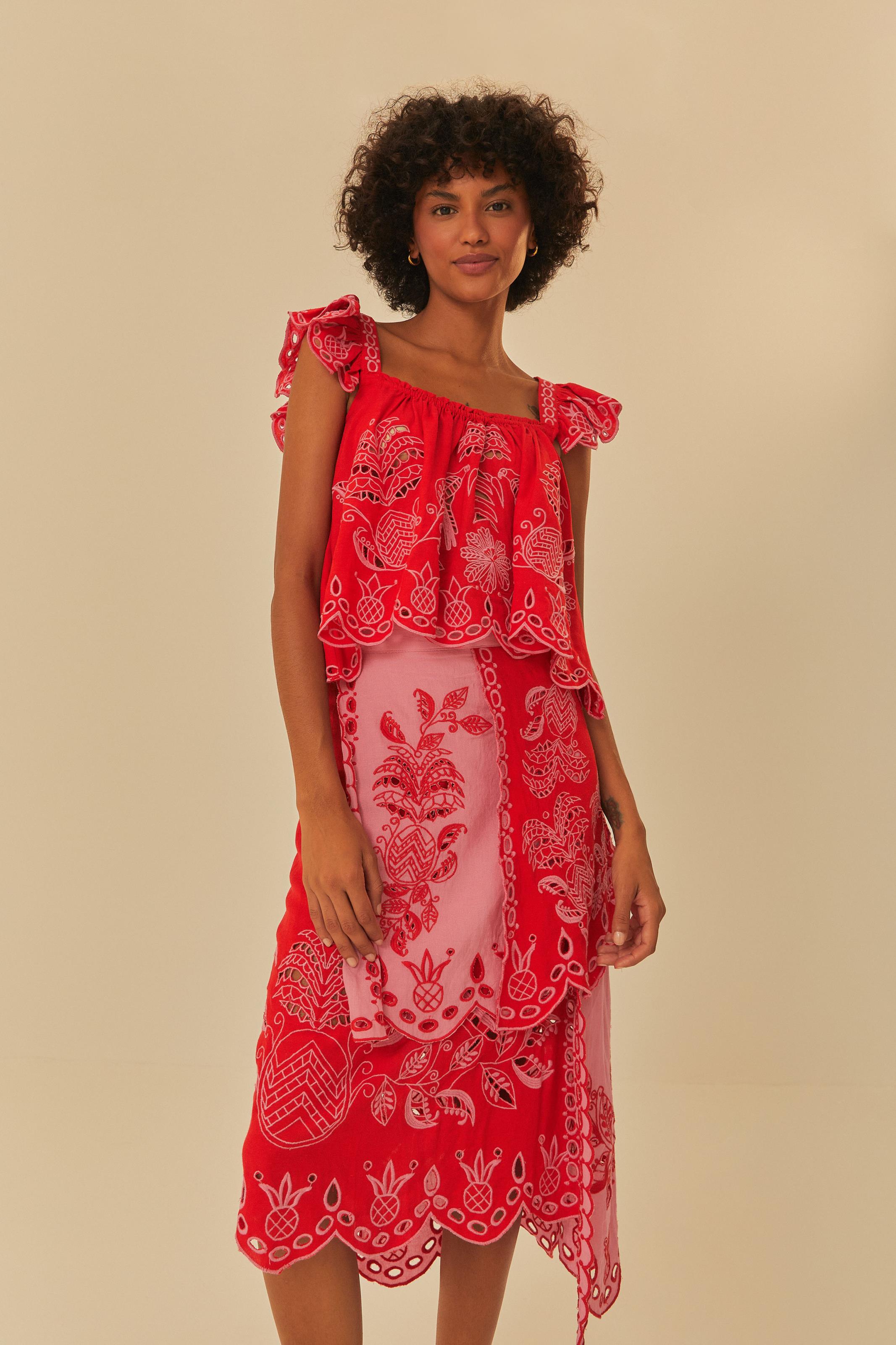 Saia Midi Bordada Estampada Kauai