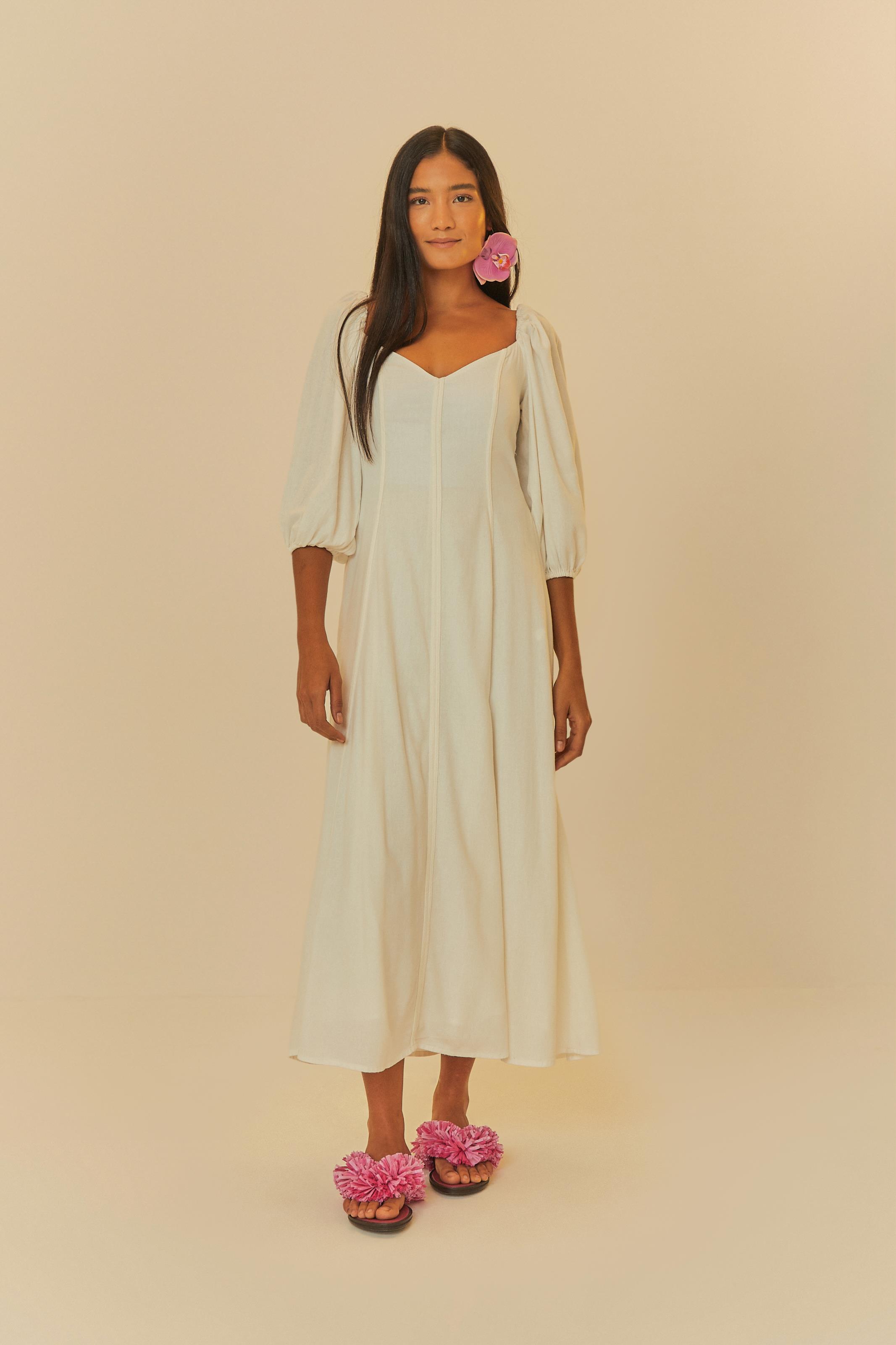 Farm Vestido Longo De Manga Viscose Vestido Farm Manga Longa