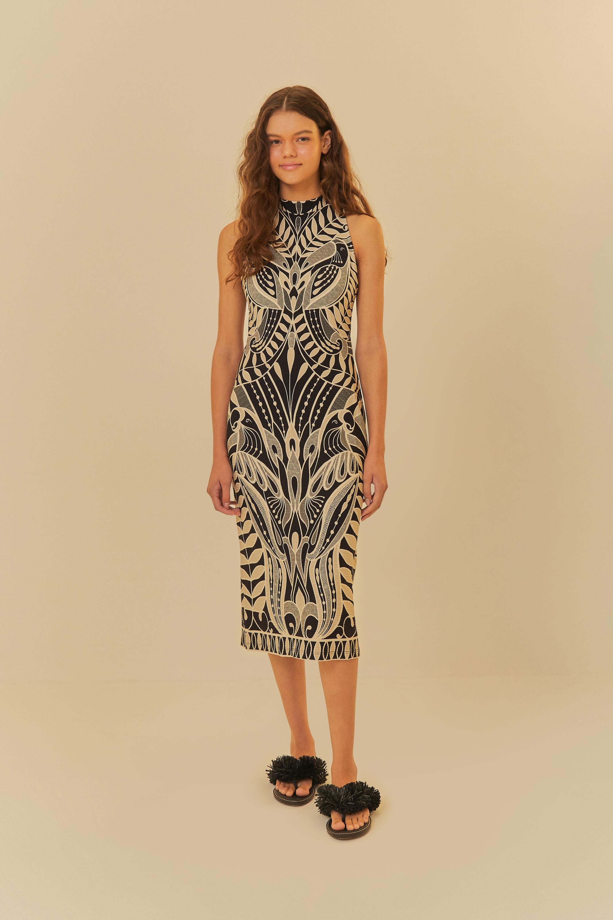 Vestido Midi Estampado Rendeira
