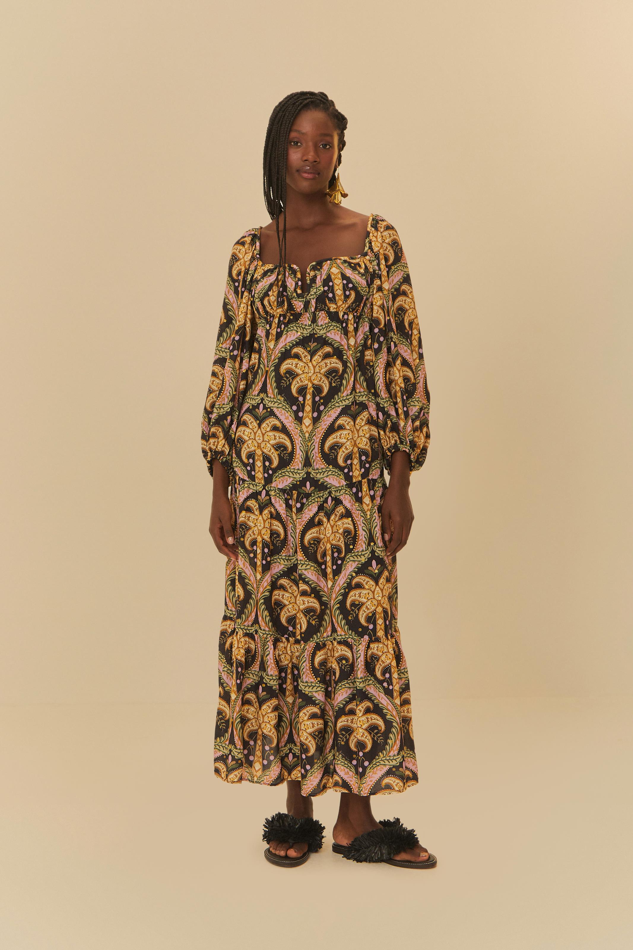 Vestido Longo Lurex Estampado Camafeu Tropical - Main Image