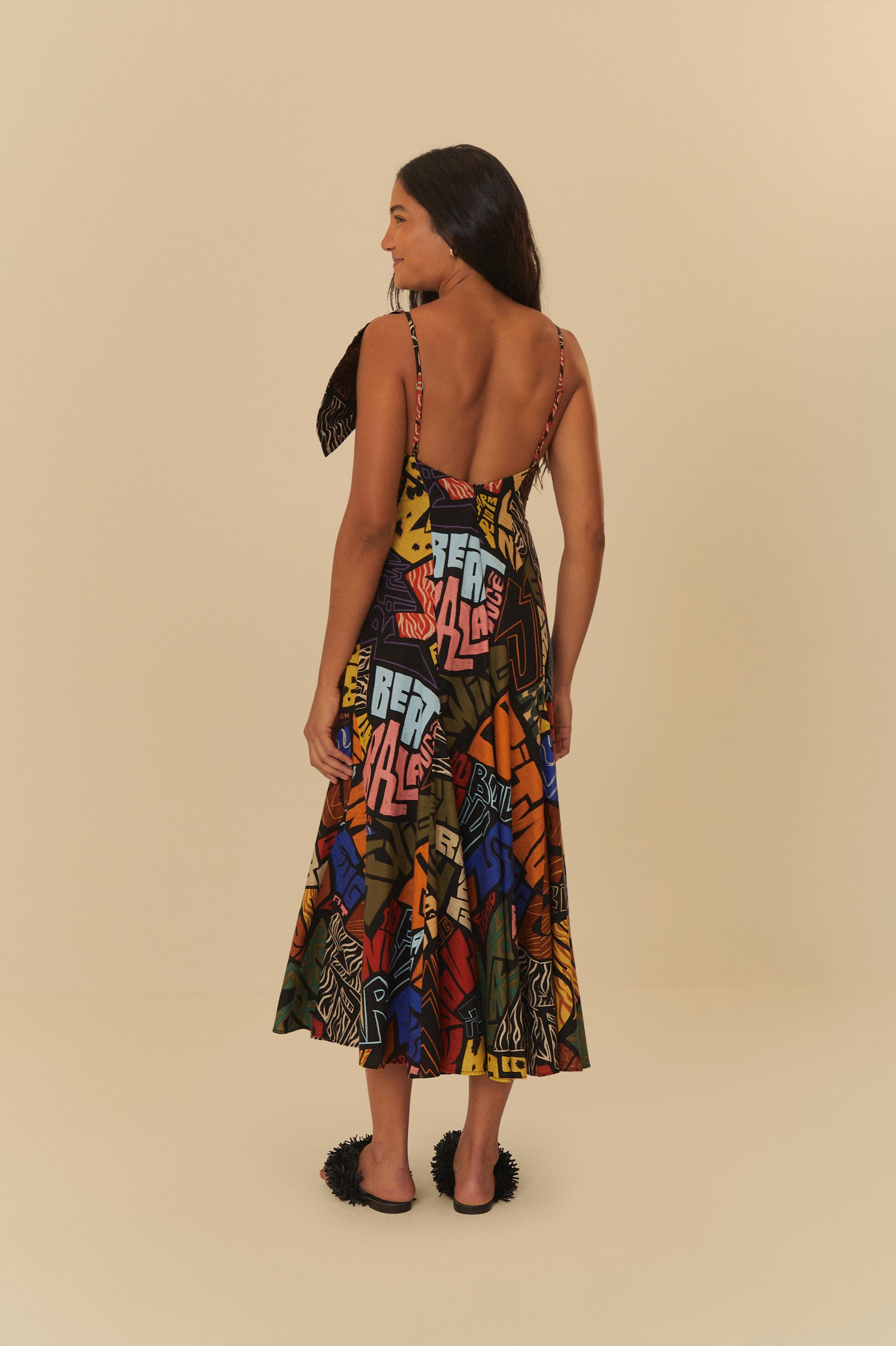 Vestido Midi Laço Nesgas Estampado Dance Grafite
