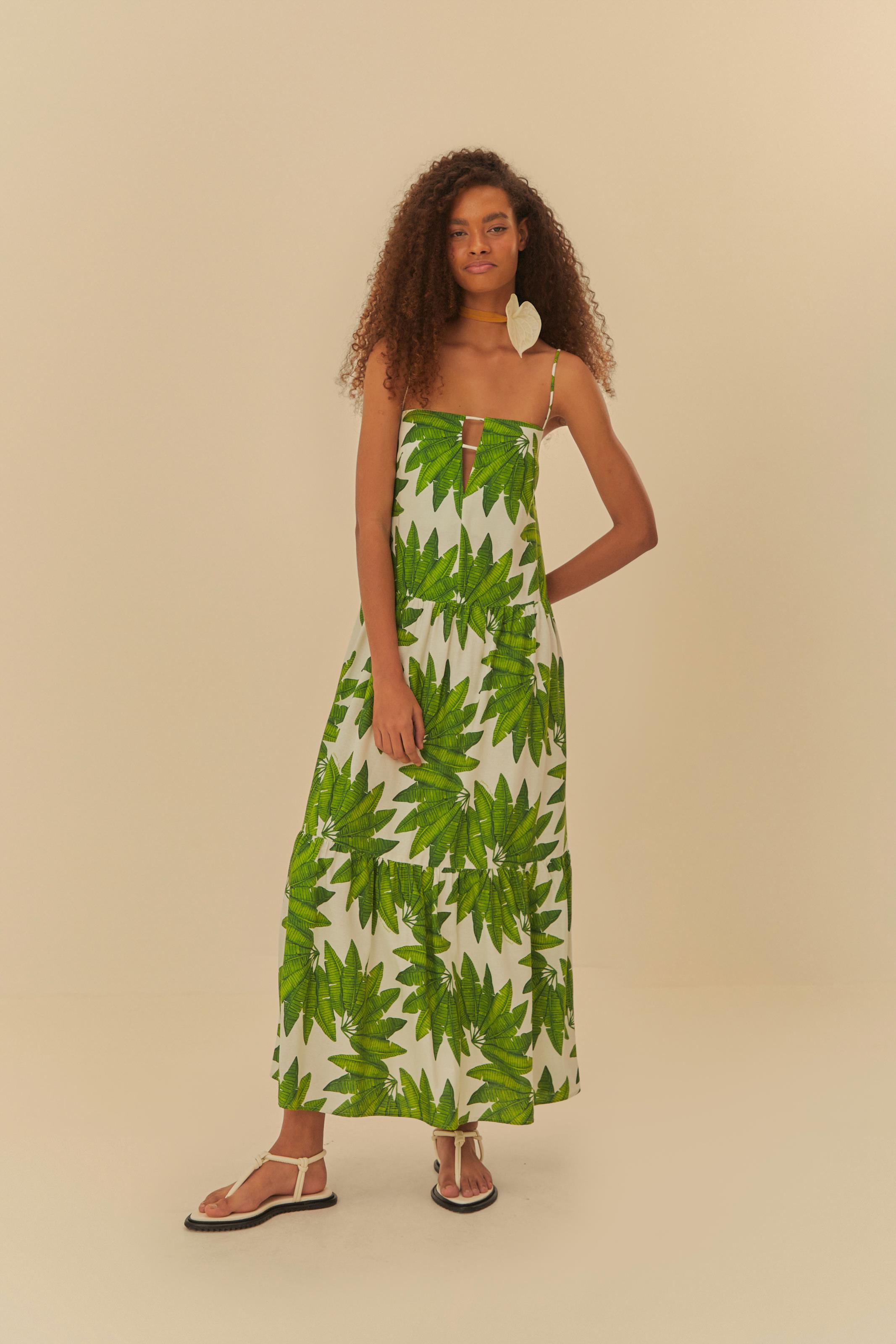 Vestido Longo Estampado Leque De Palmeira