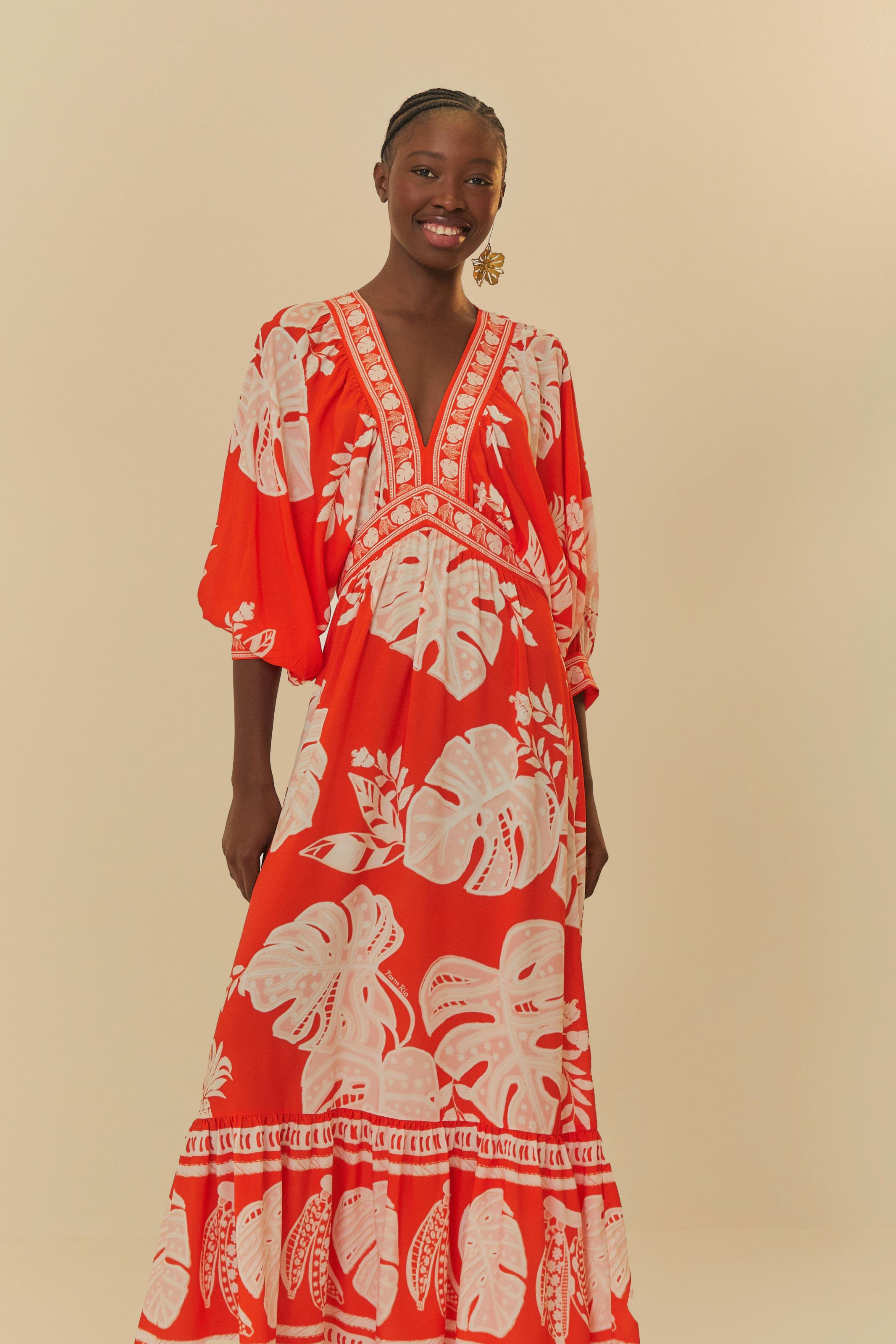 Vestido Longo Estampado Folha De Renda
