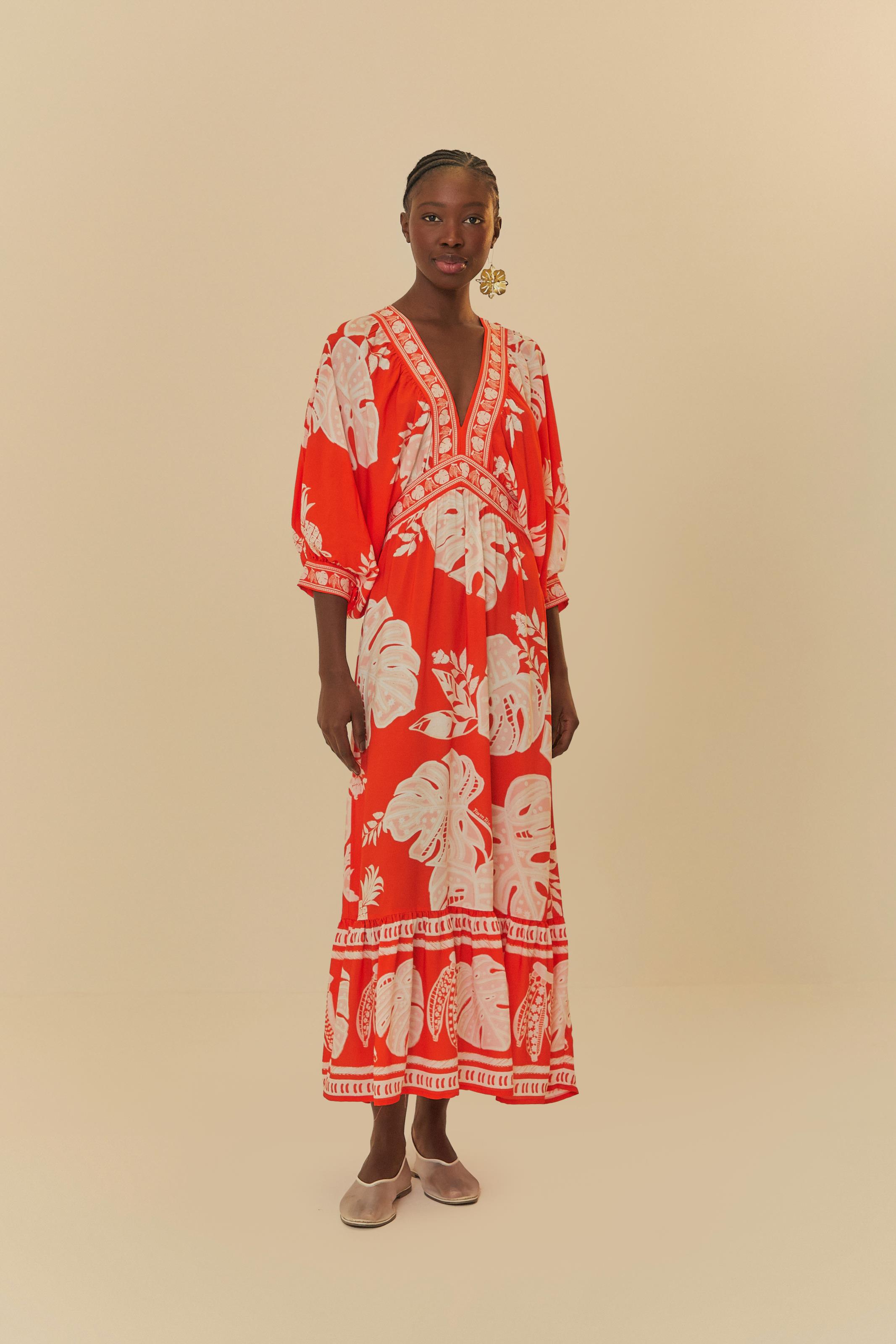 Vestido Longo Estampado Folha De Renda