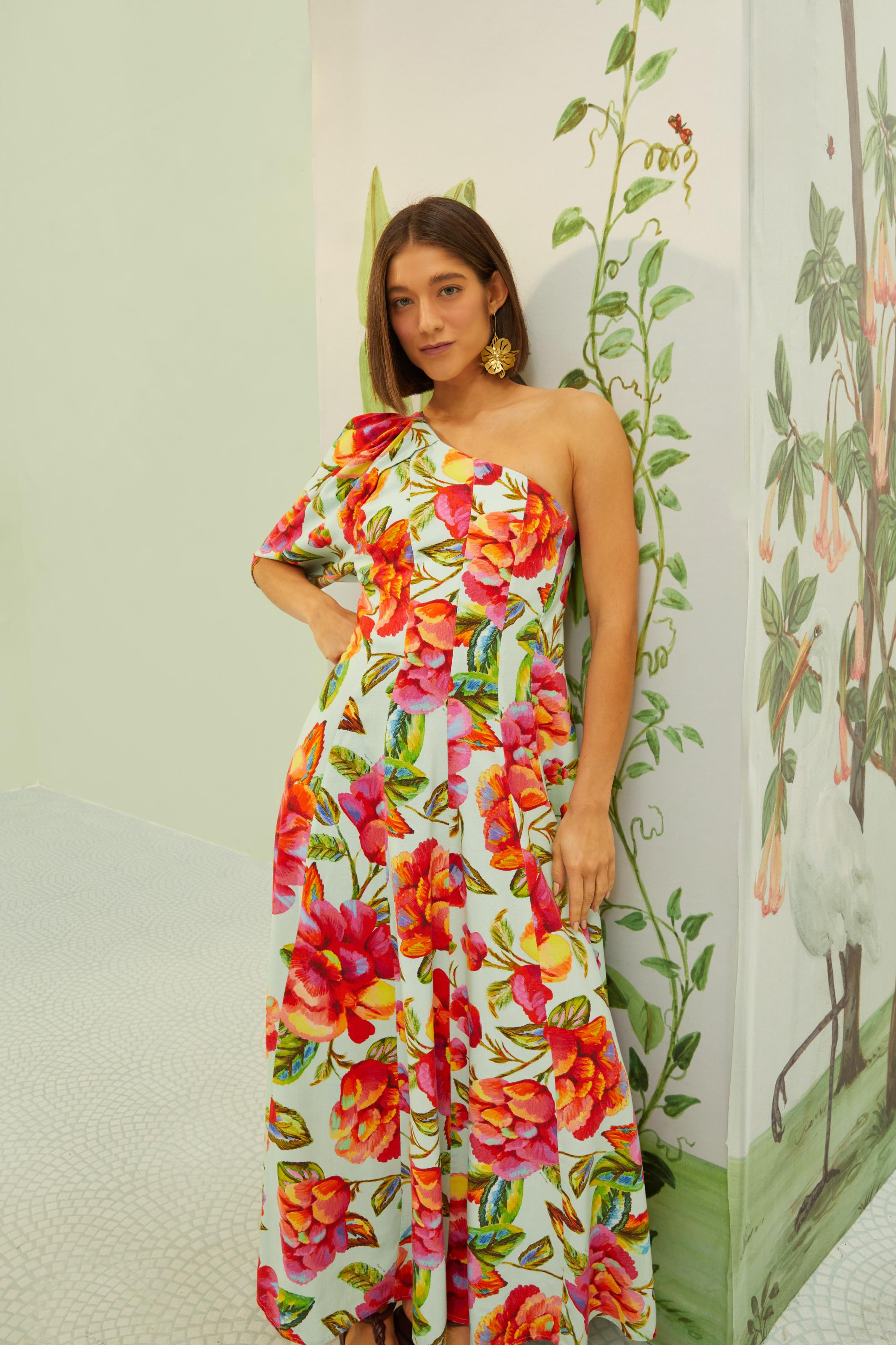 Céu Cropped Vestido Vestido Cropped Ombro Só Estampado Flor Céu