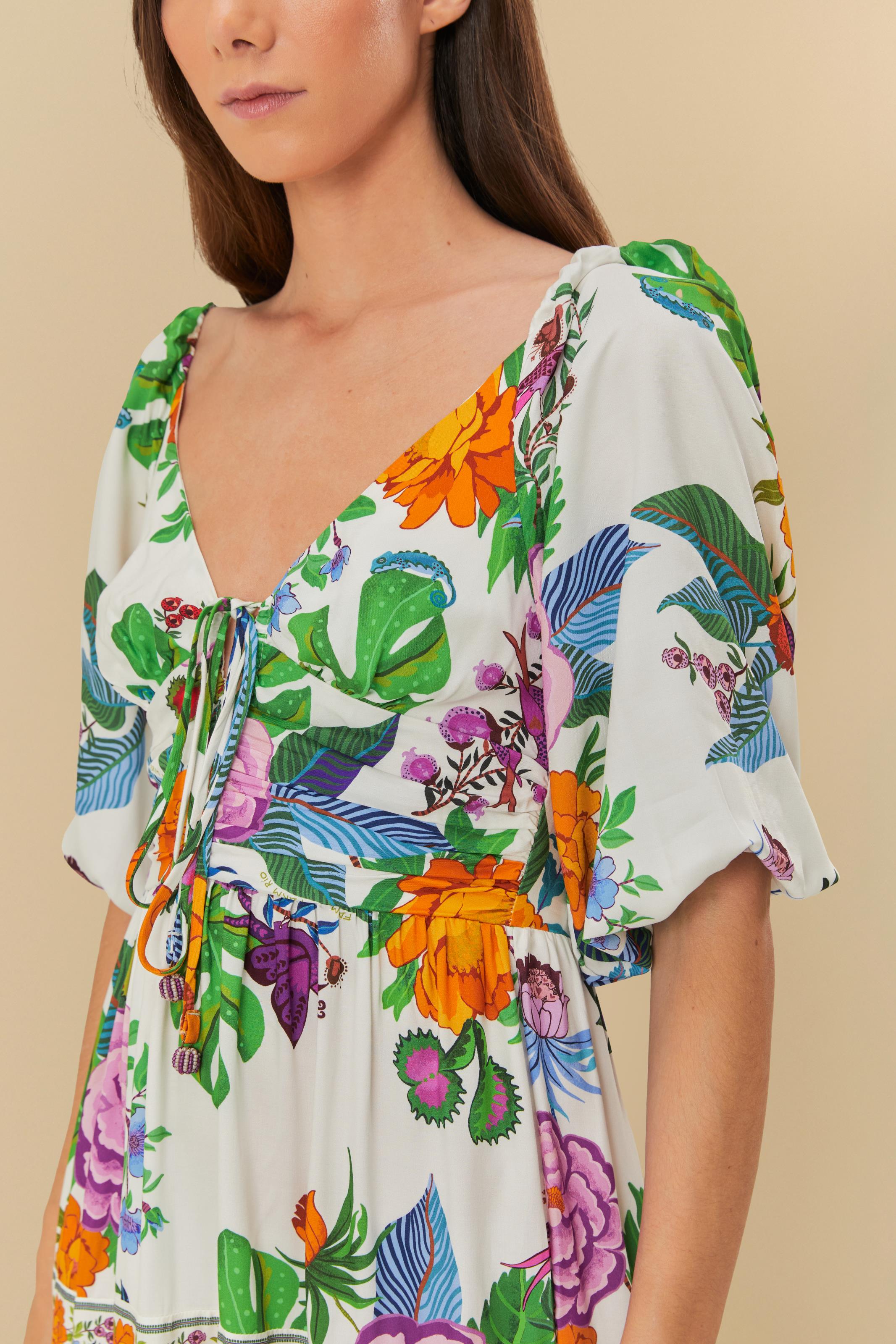 Vestido Cropped Estampado Manga Doce Jardim
