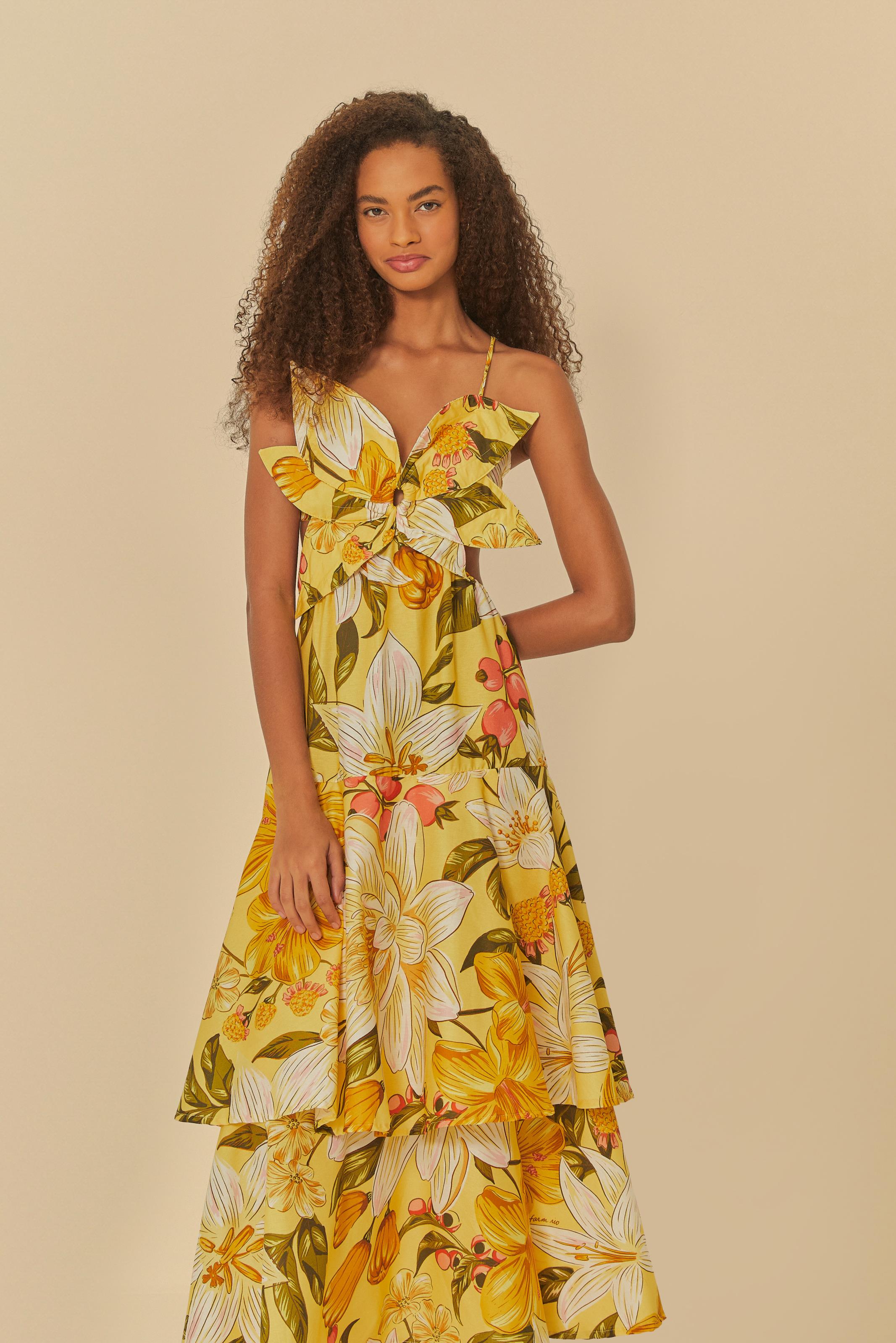 Viscose Vestido Amarelo Farm Vestido Longo Recortes Amarelo Farm