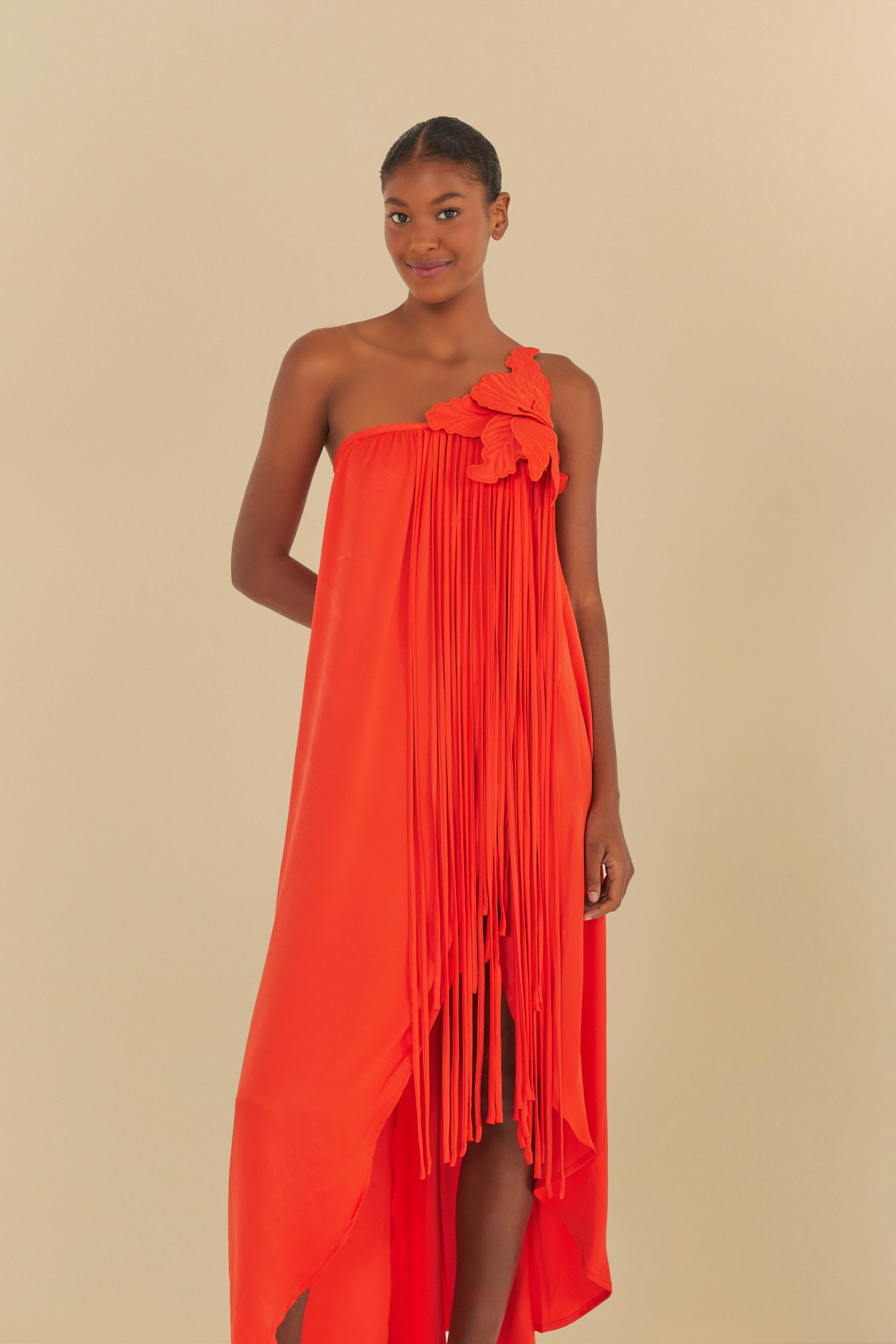 Laranja Vestido De Franja Longo Vestido Artesanal Flor Com Franja