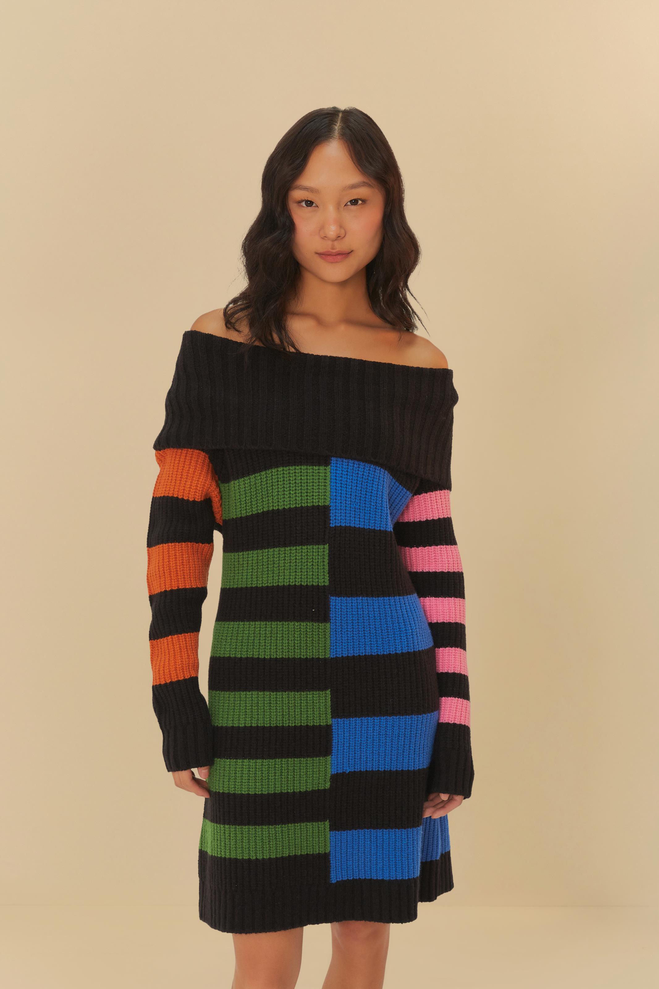 Tricot Vestido Listrado Com Cardigan Farm Comprar Vestido Tricot