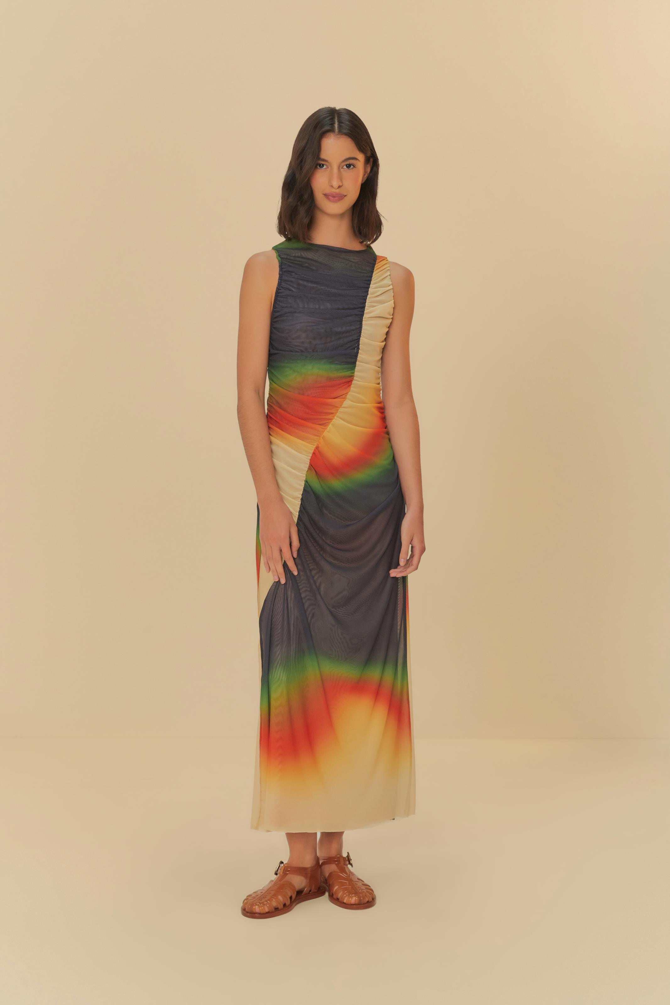Vestido Tule Cropped Degradê Estampado Latina