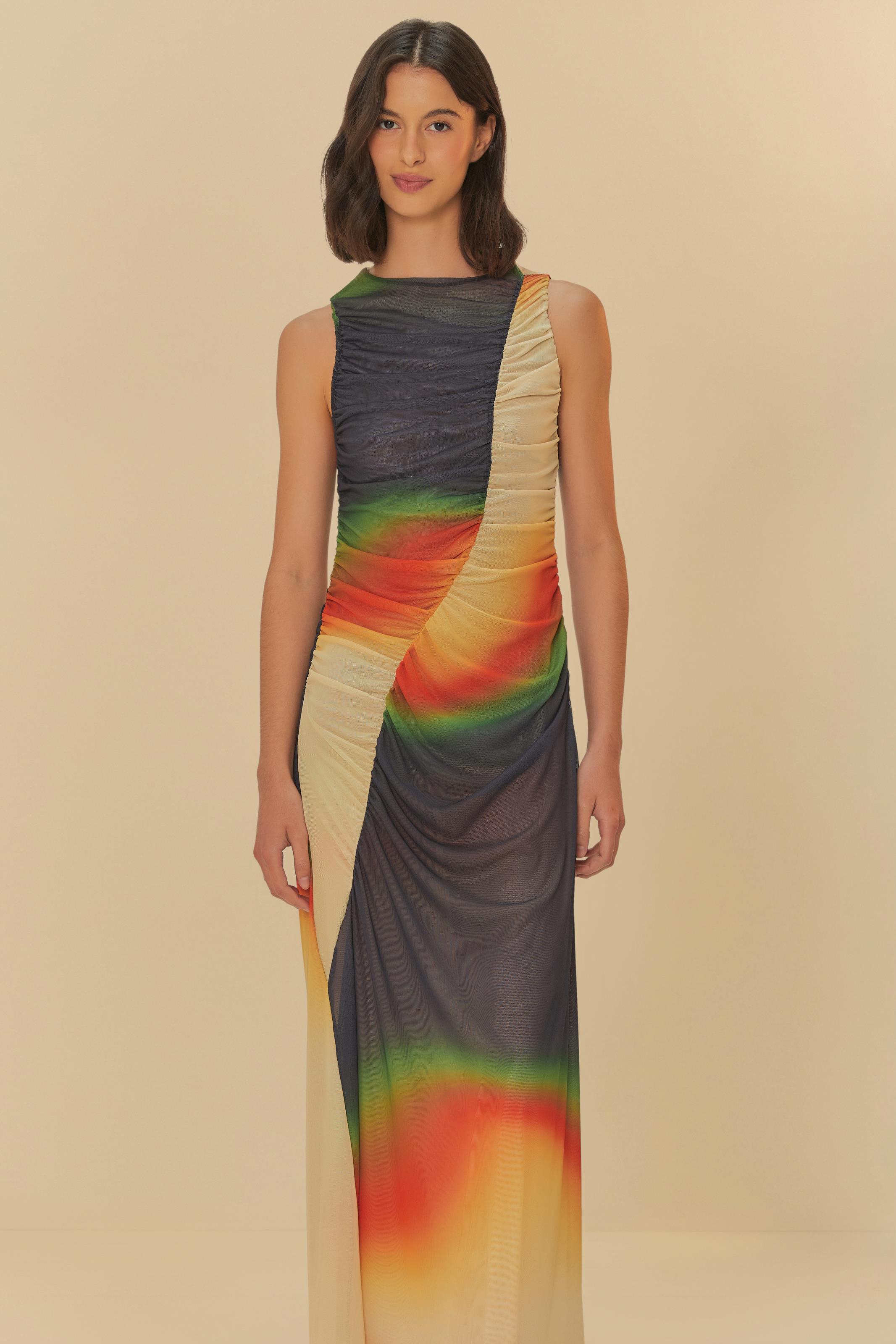 Vestido Tule Cropped Degradê Estampado Latina