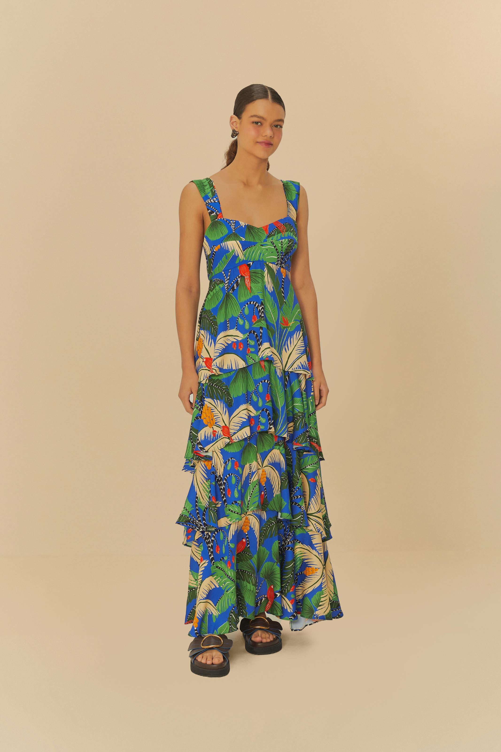 Vestido Longo Babados Estampado Ilha Da Noite