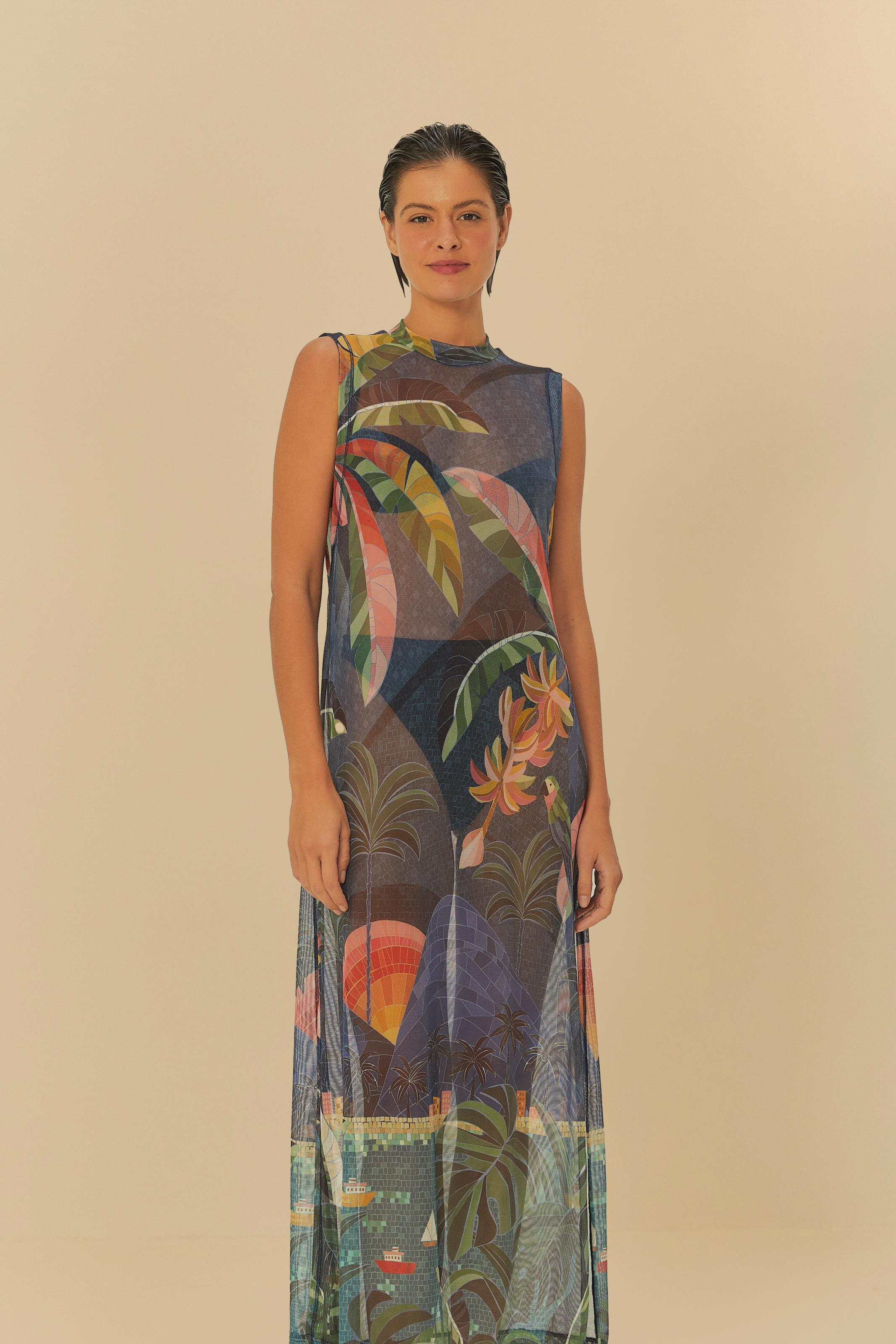 Vestido Midi Tule Estampado Rio De Mosaíco