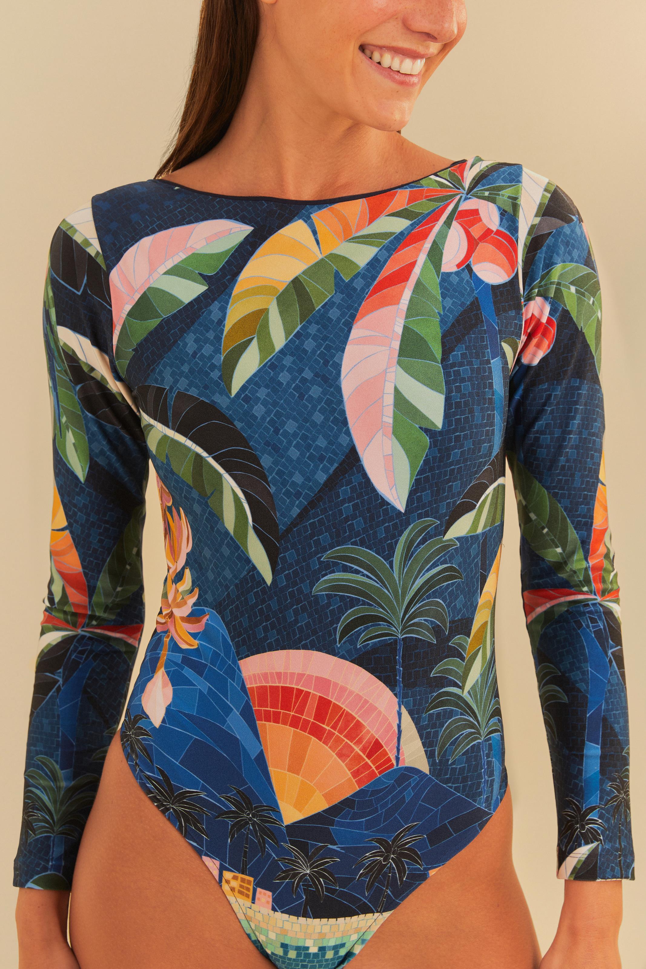 Maiô Manga Longa Estampado Rio De Mosaíco