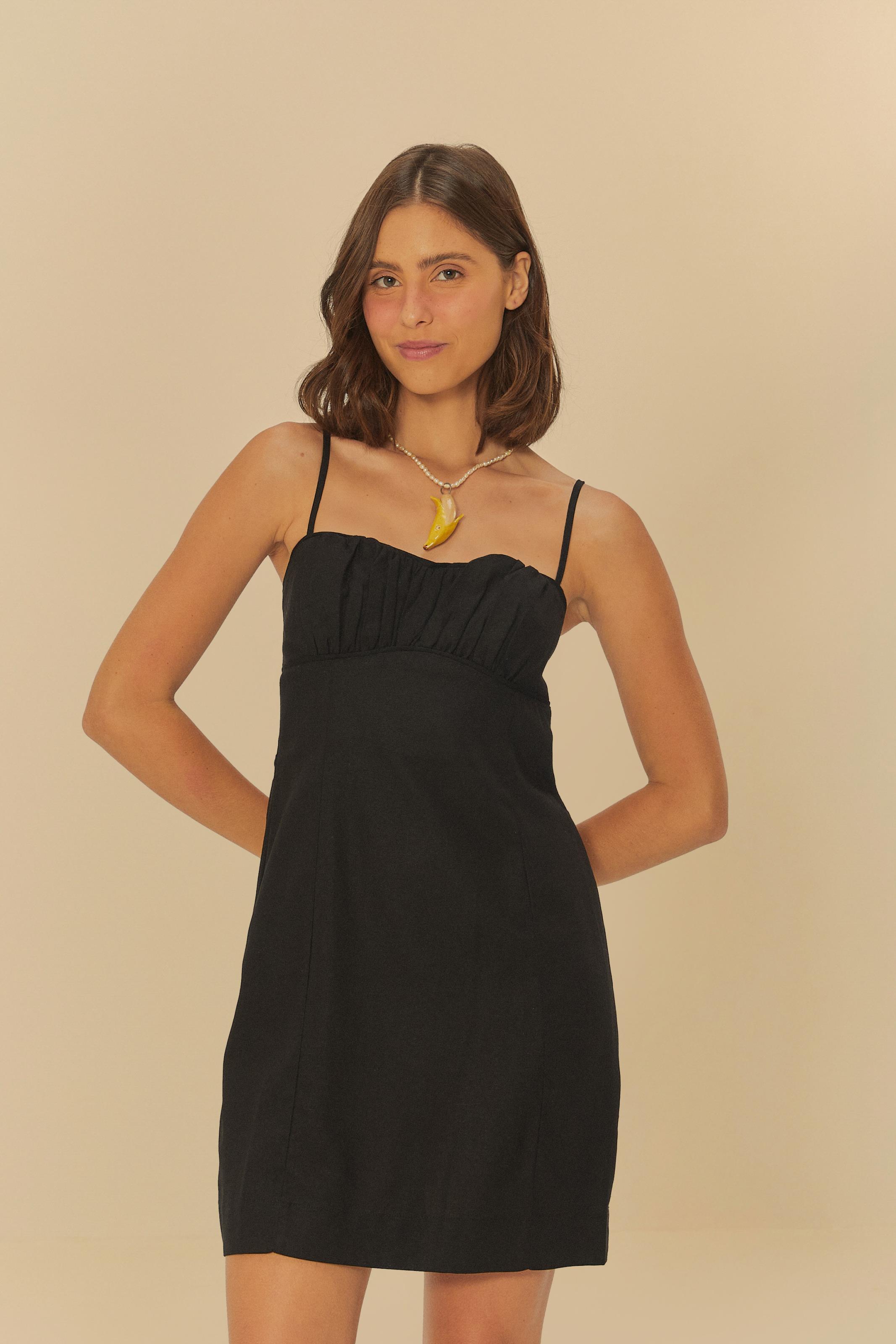 Vestido Franzido Vestido Decote Reto Preto Vestido Curto Franzido