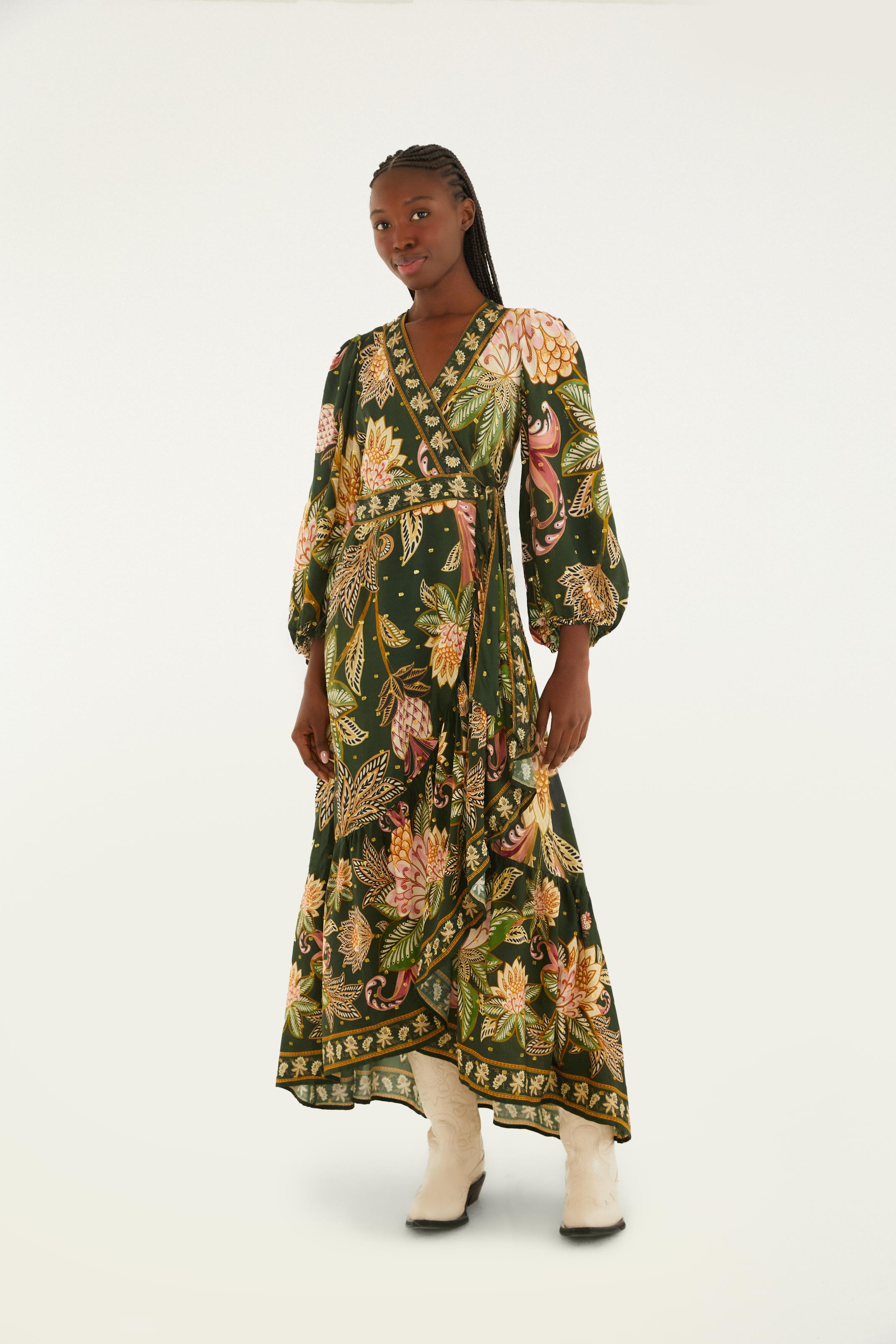 Vestido Longo Manga Estampado Floral Delhi