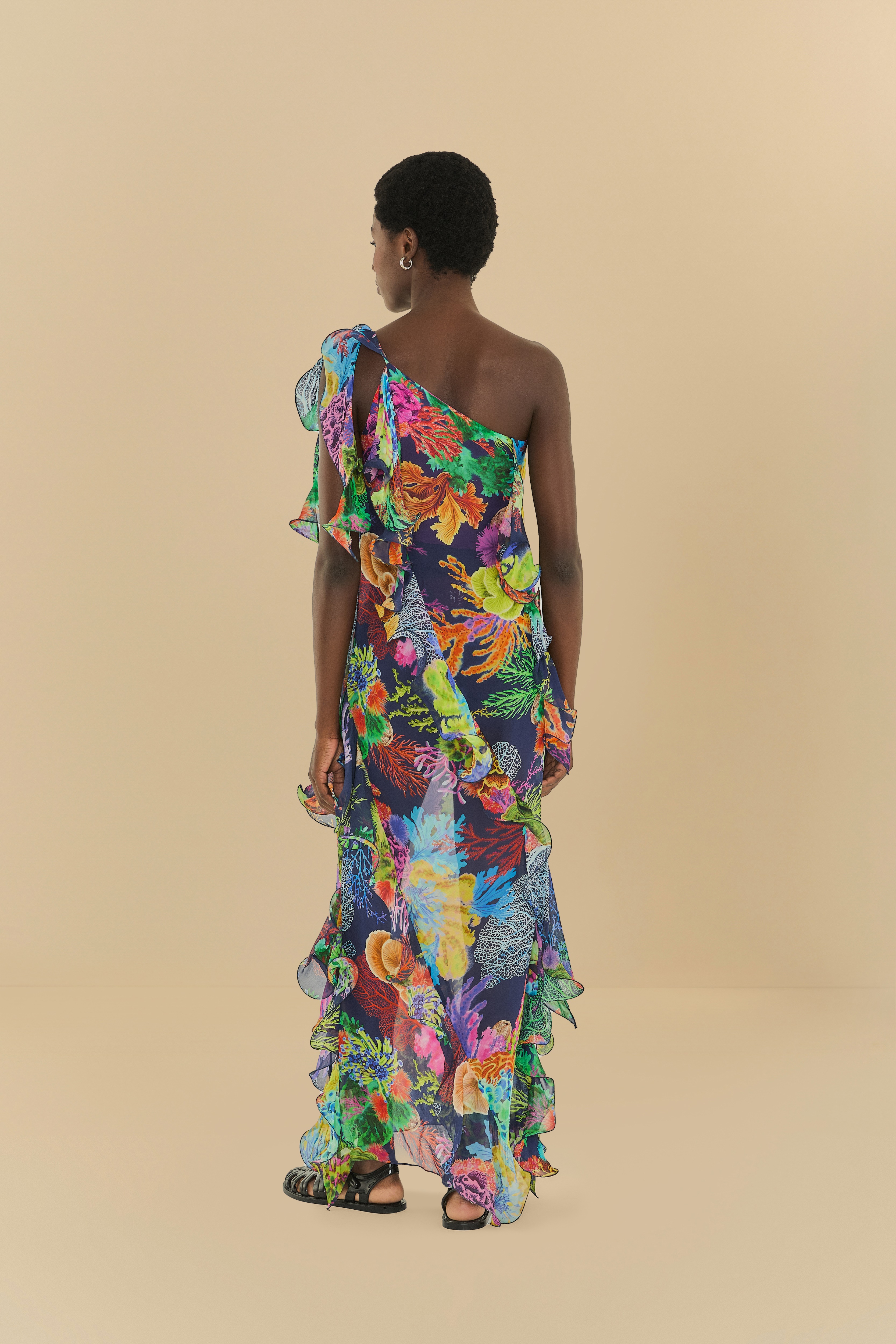 Vestido Babados Estampado Jardim Coral Isadora Gallas