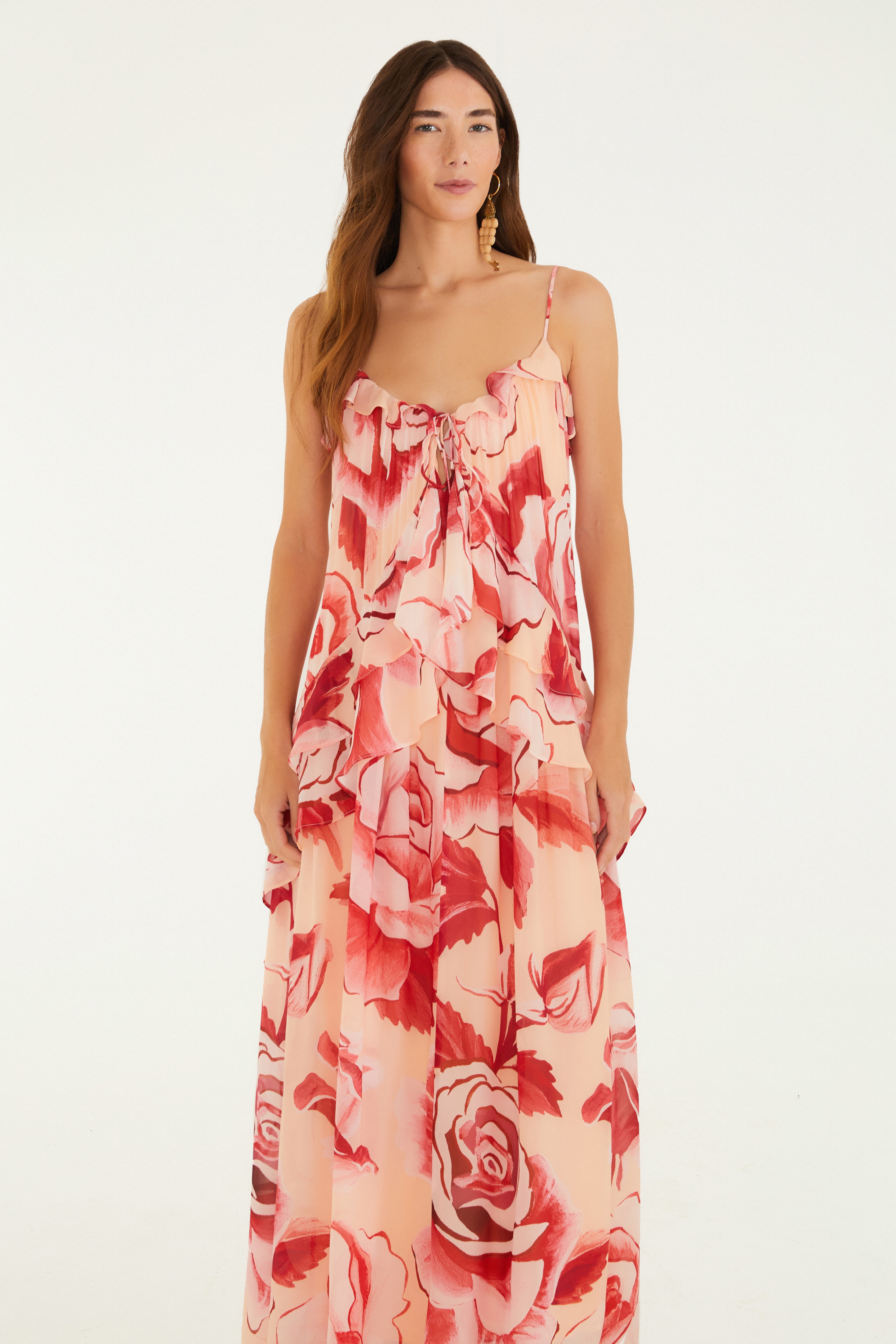 Vestido Longo Estampado Rosas Pintadas Vestido Longo Estampado Rosas Pintadas