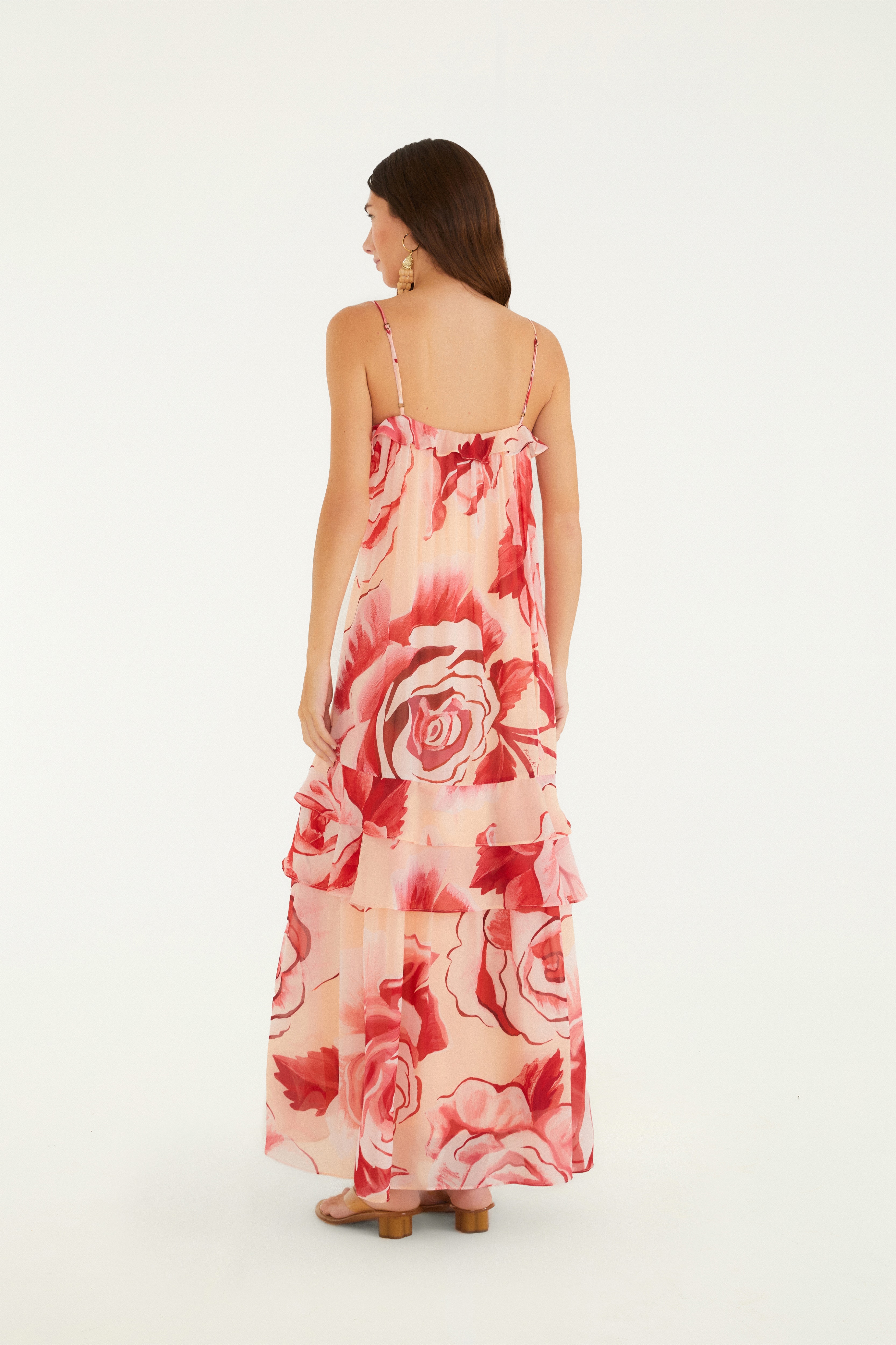 Vestido Longo Estampado Rosas Pintadas