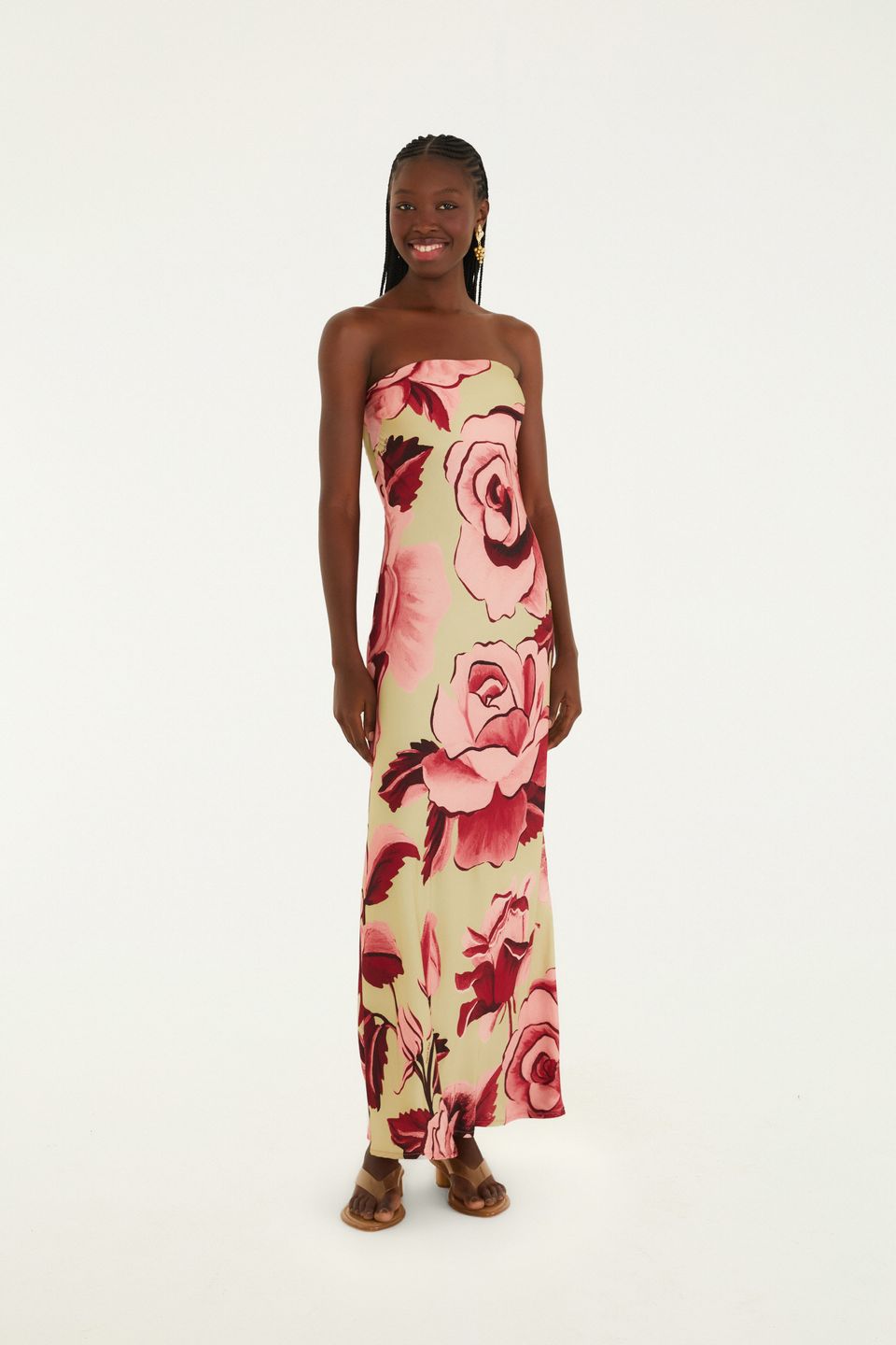 Vestido Longo Sem Alça Estampado Rosas Pintadas