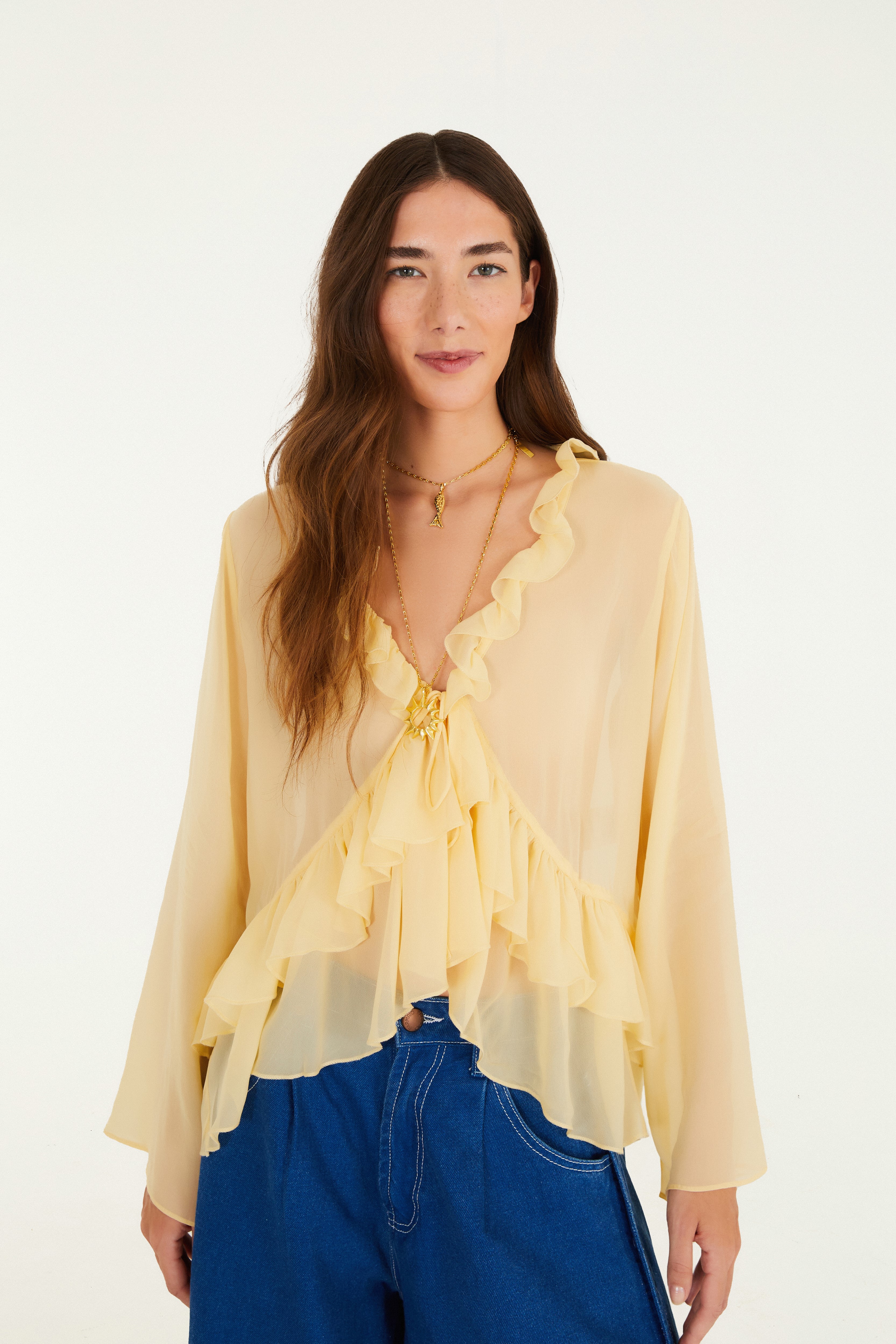 Blusa Amarração Babados Manga