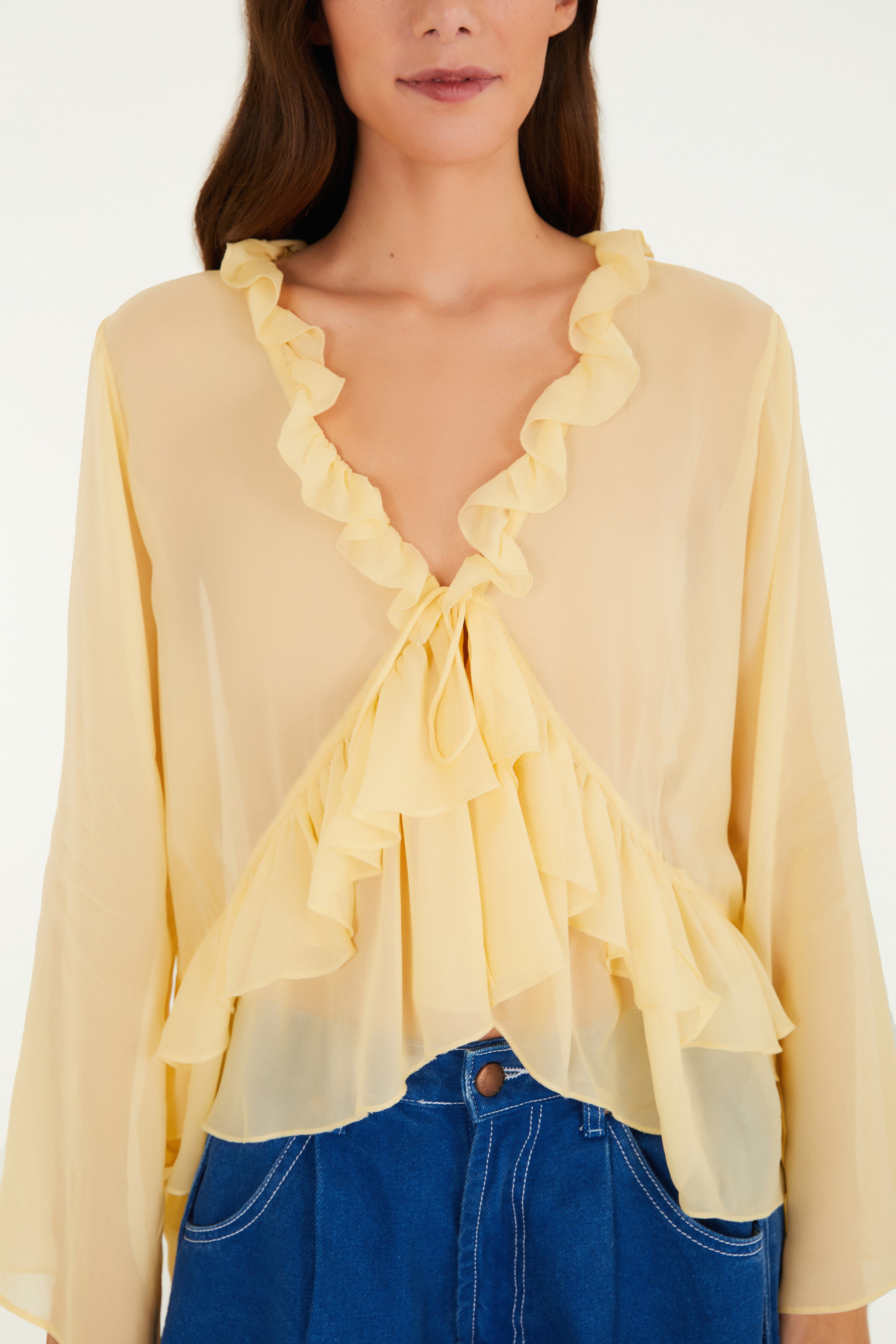 Blusa Amarração Babados Manga