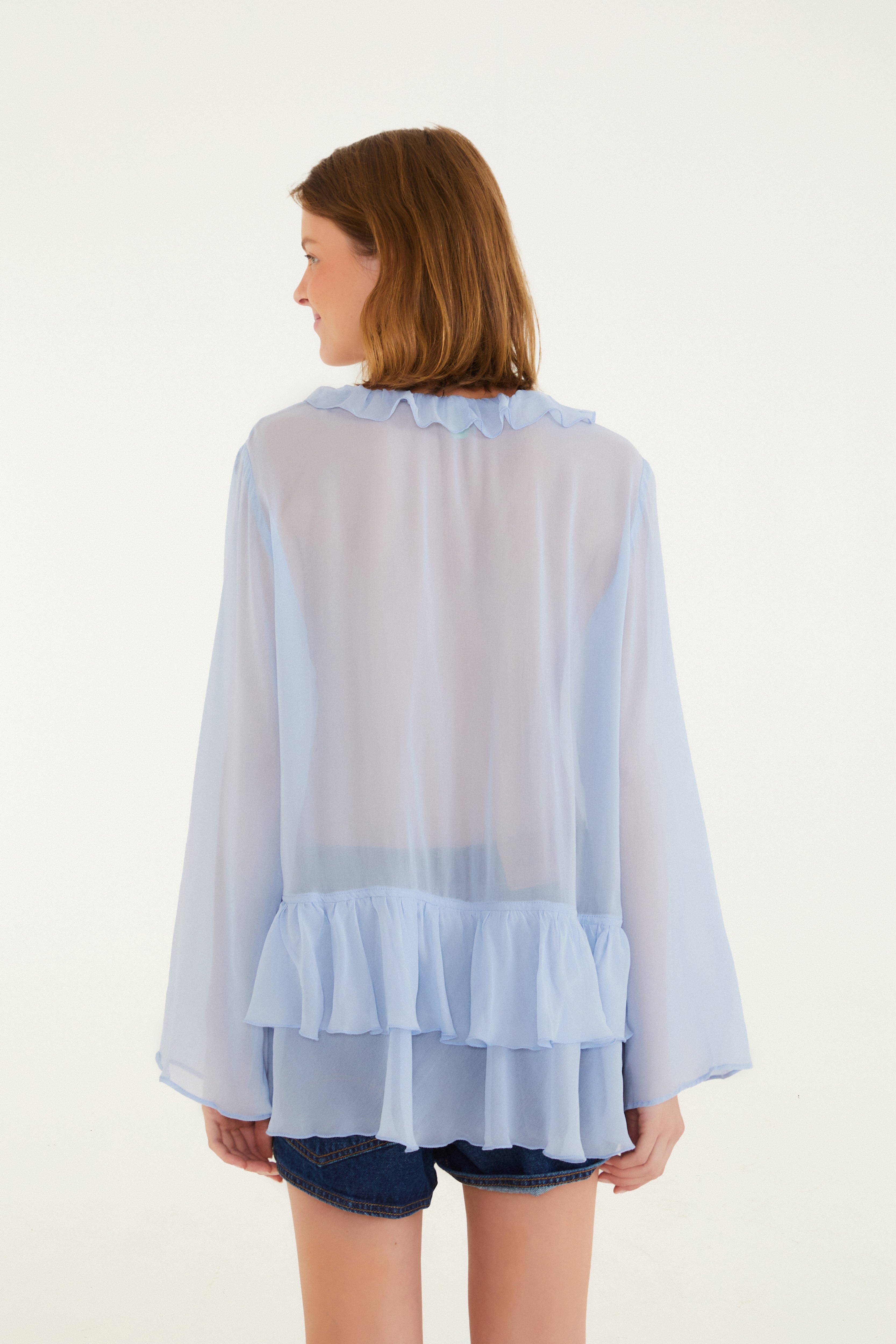 Blusa Amarração Babados Manga