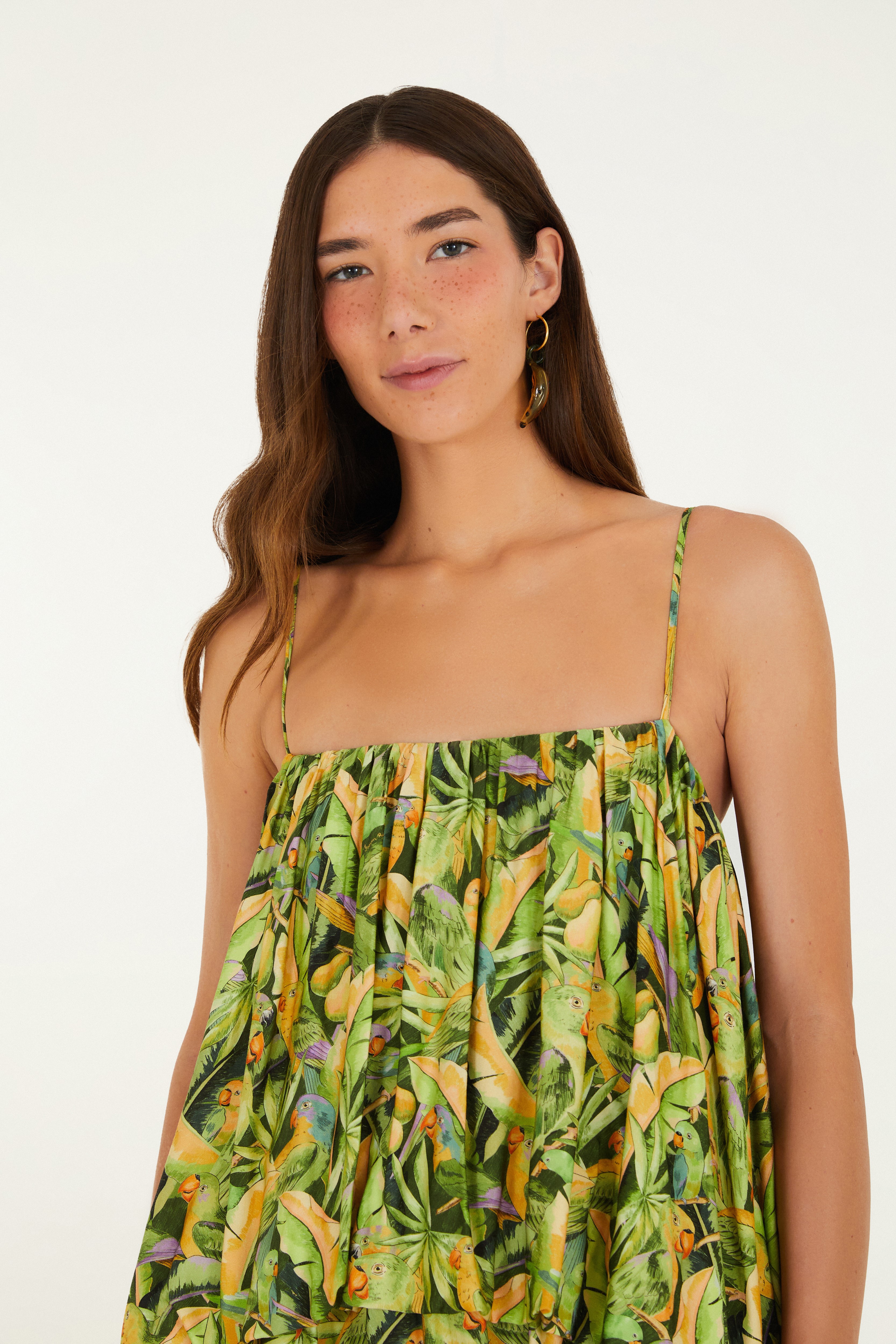 Vestido Mullet Estampado Floresta De Passarinho