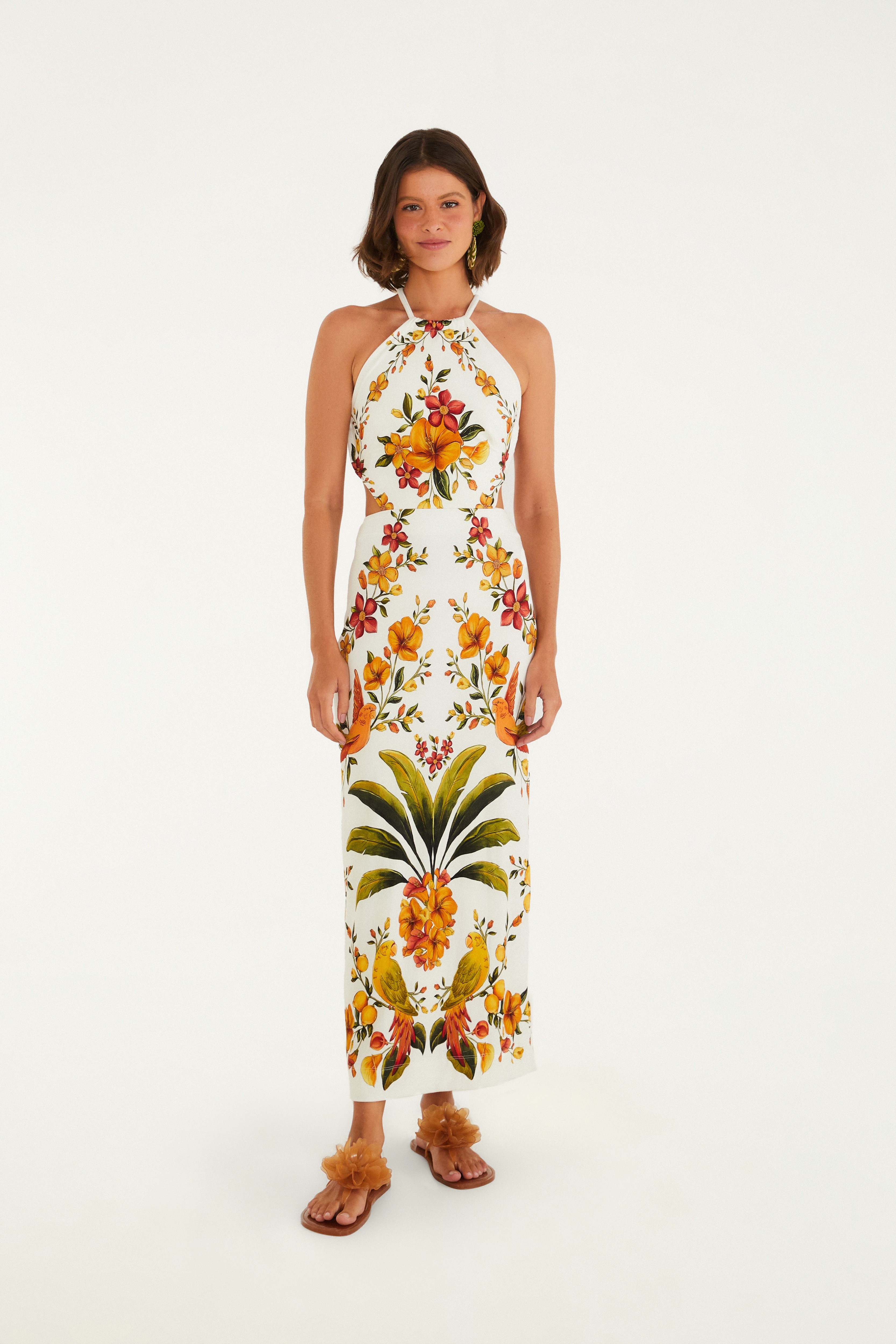 Vestido Midi Frente Única Estampado Bosque Chic
