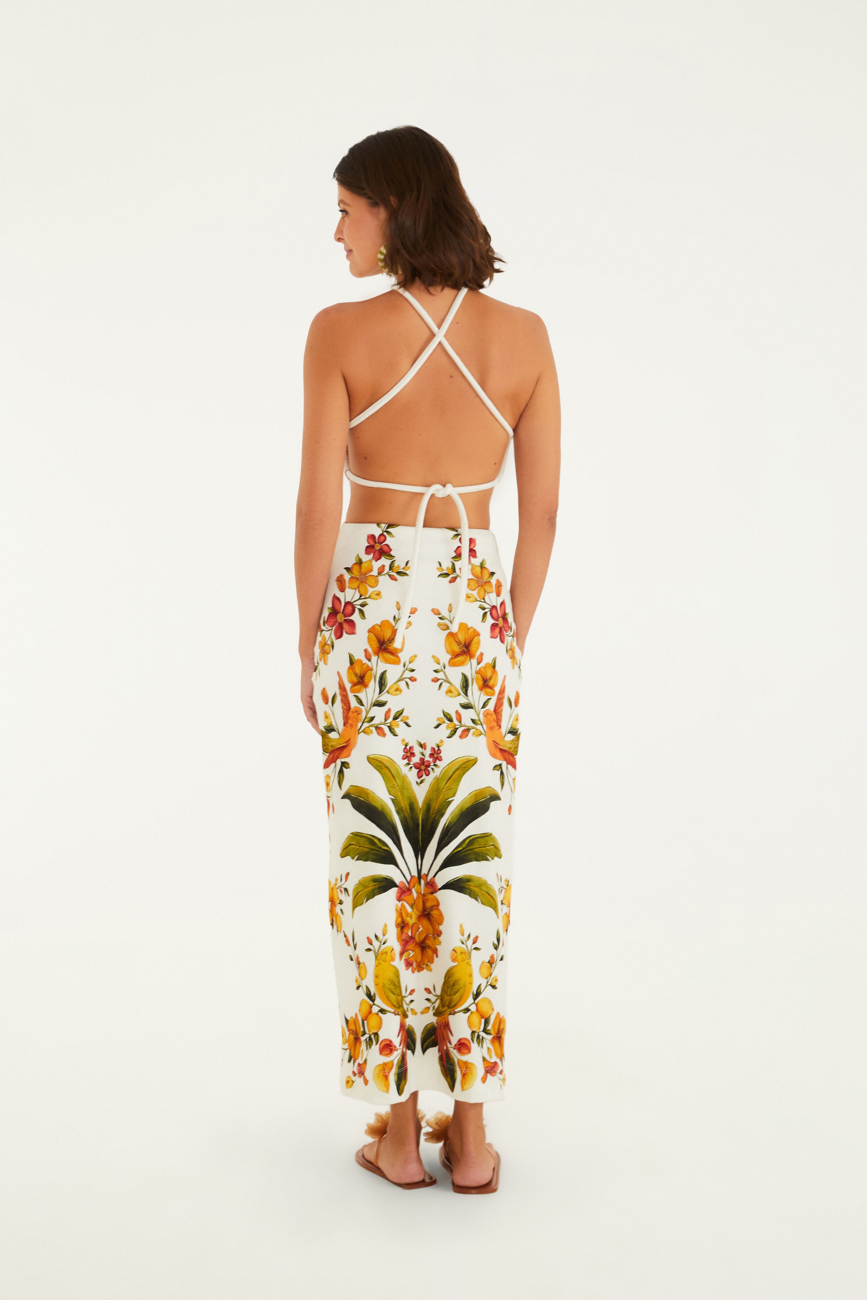 Vestido Midi Frente Única Estampado Bosque Chic