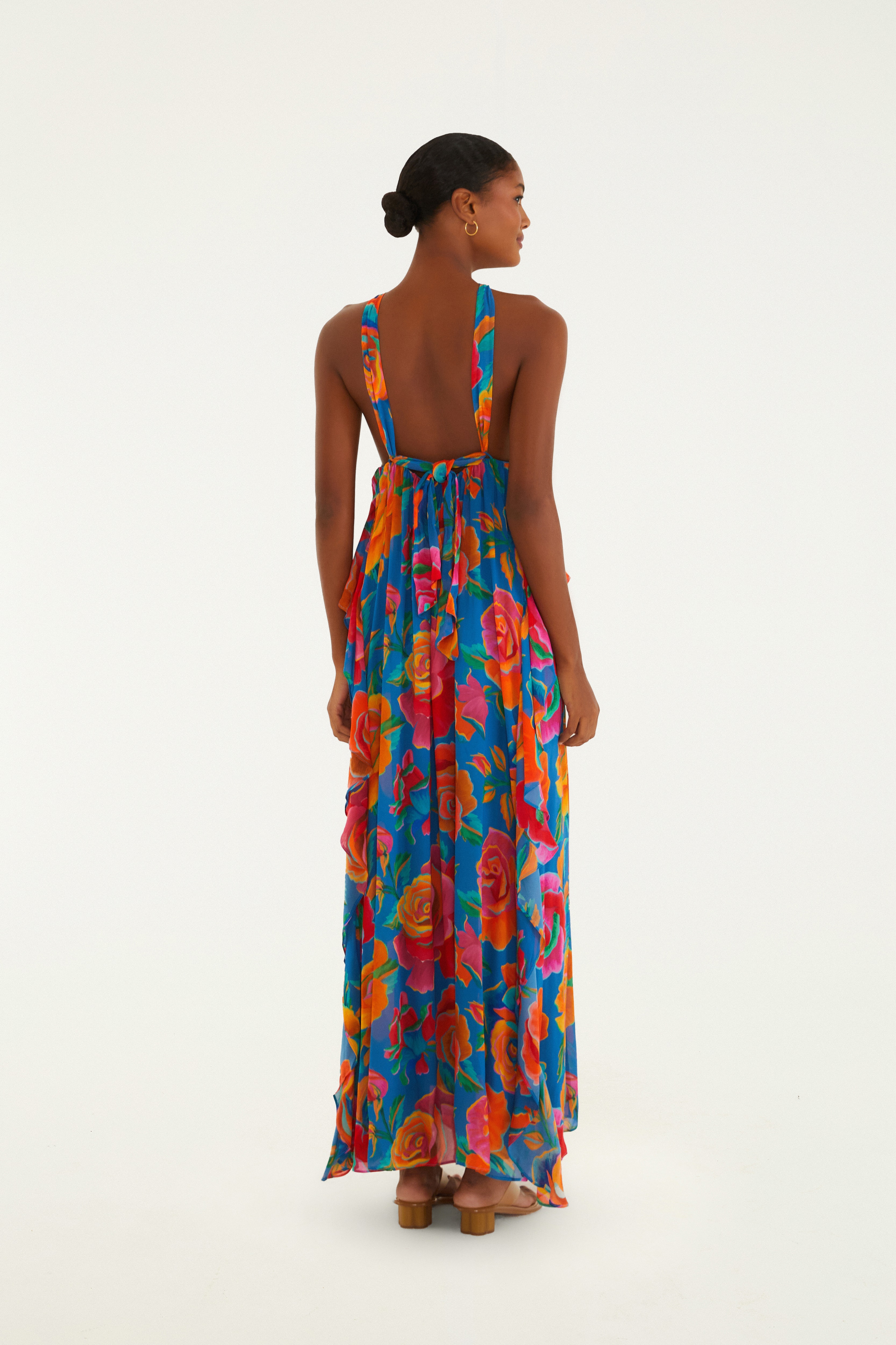 Vestido Babados Estampado Rosas Pintadas