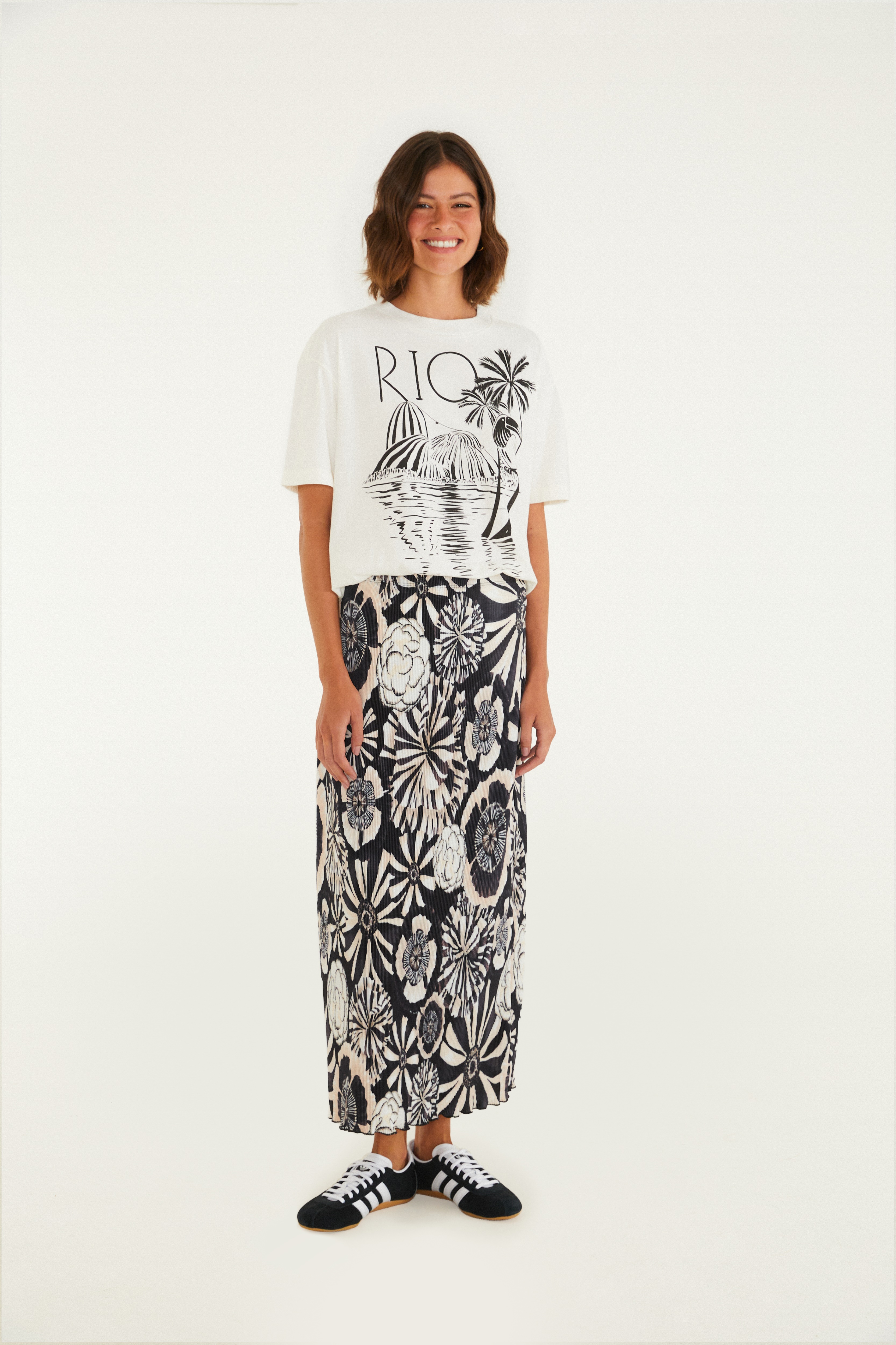 Saia Midi Plissada Estampada Flora