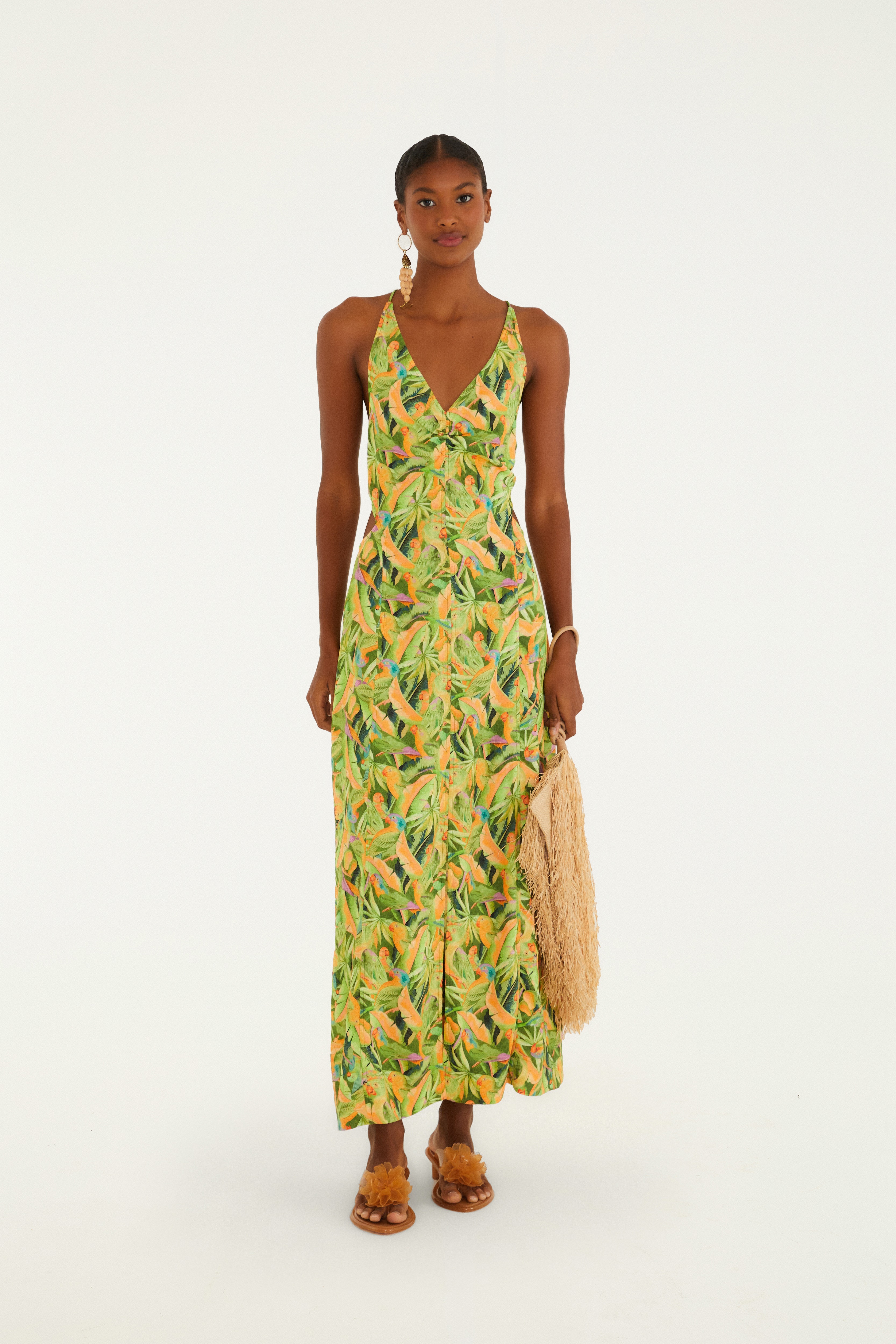 Vestido Recortes Estampado Floresta De Passarinho