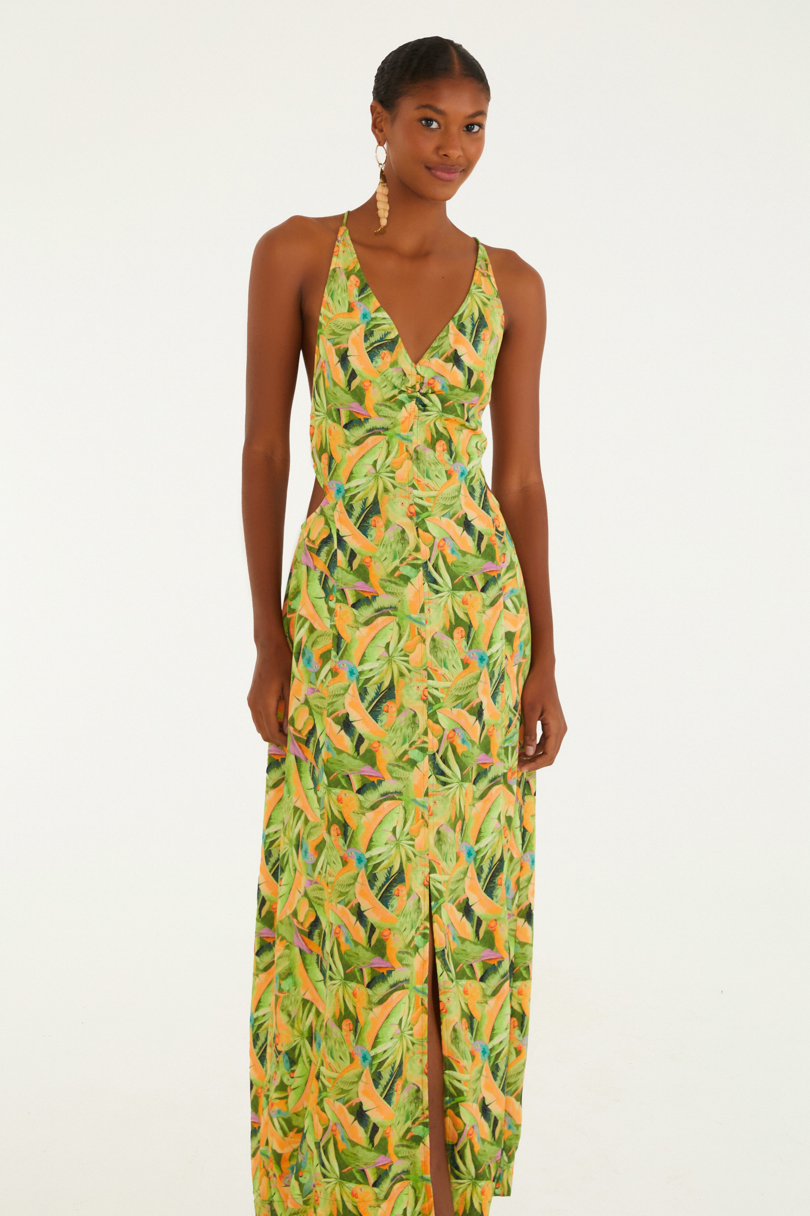 Vestido Recortes Estampado Floresta De Passarinho