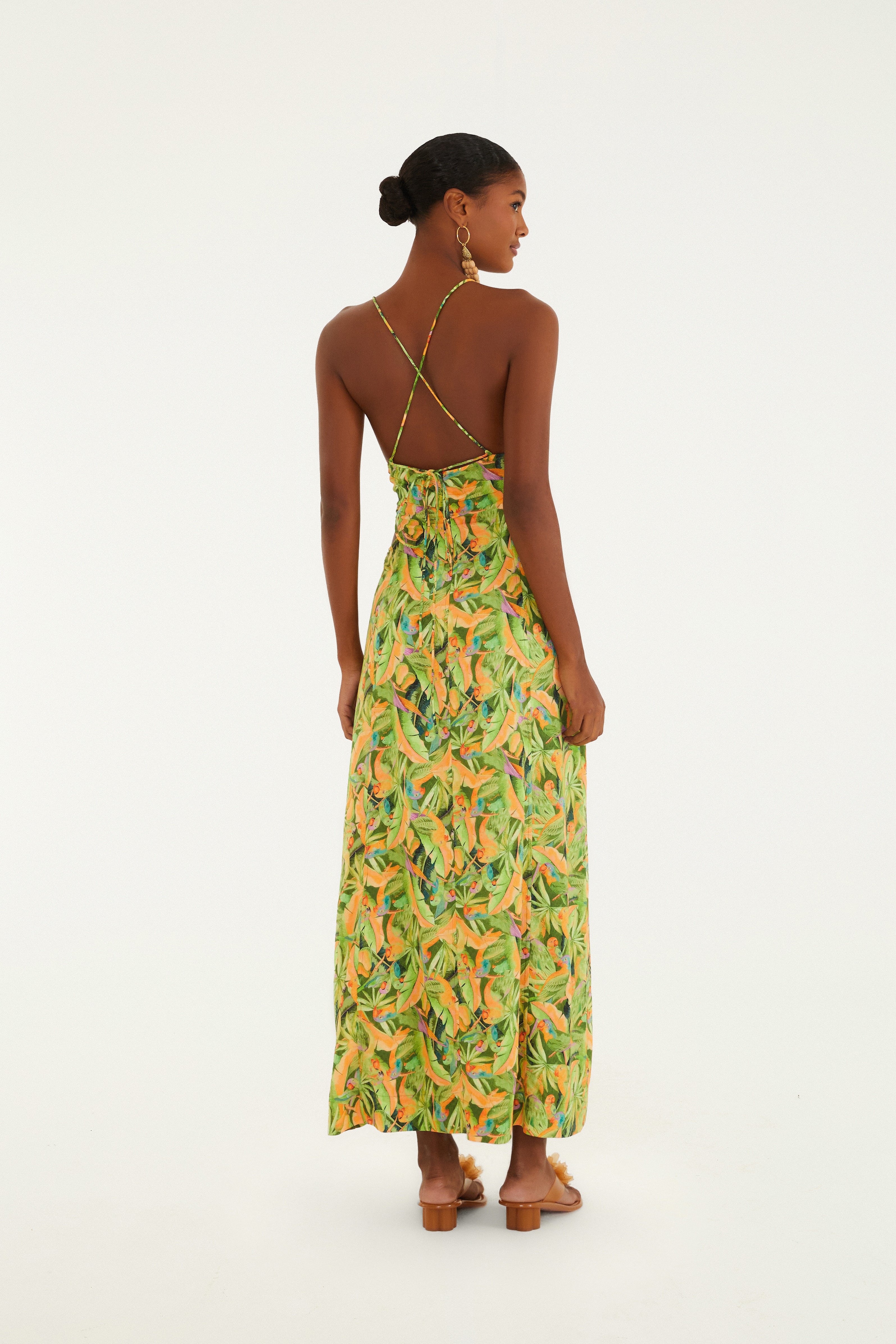 Vestido Recortes Estampado Floresta De Passarinho