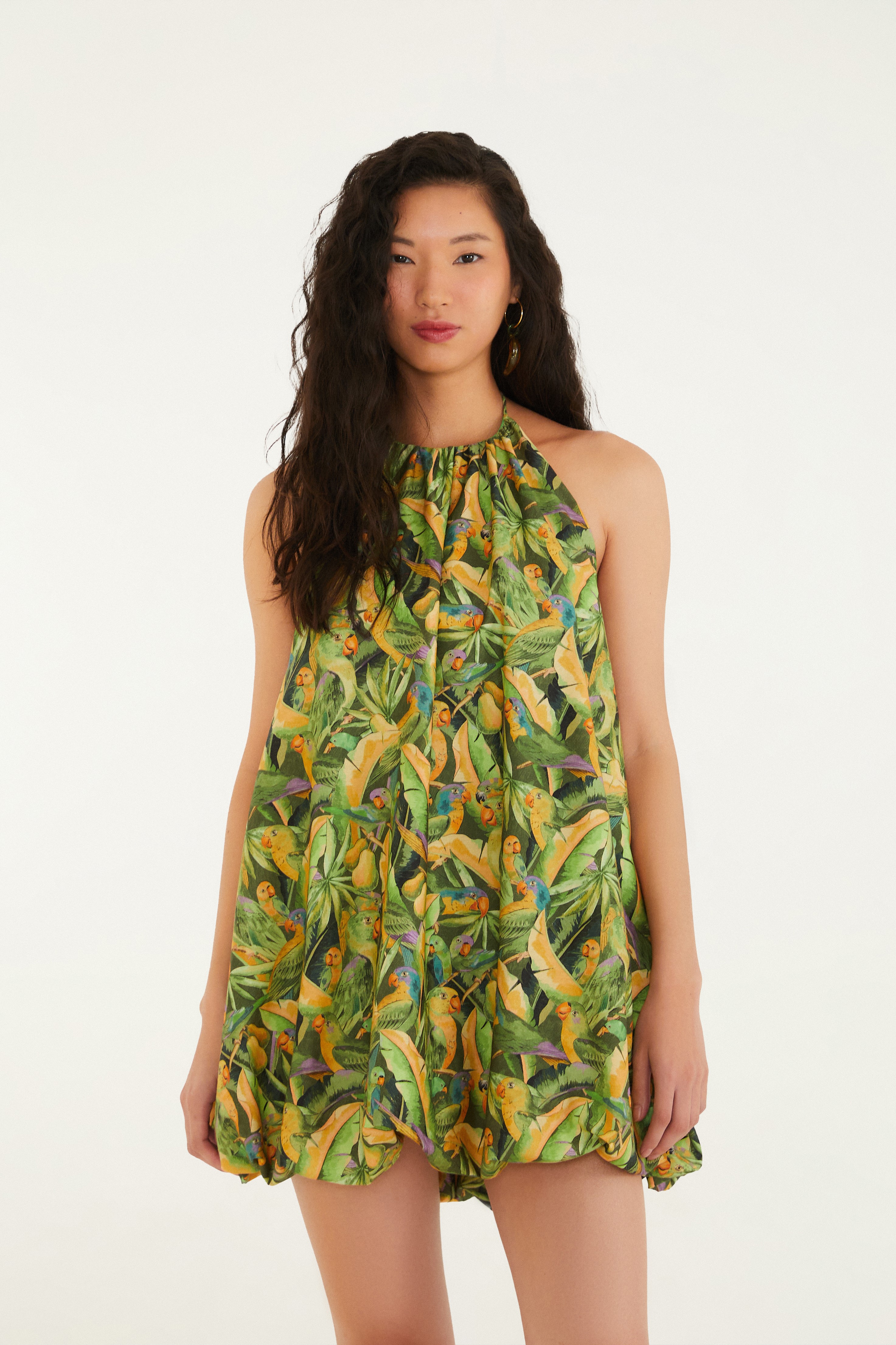 Vestido Balonê Estampado Floresta De Passarinho