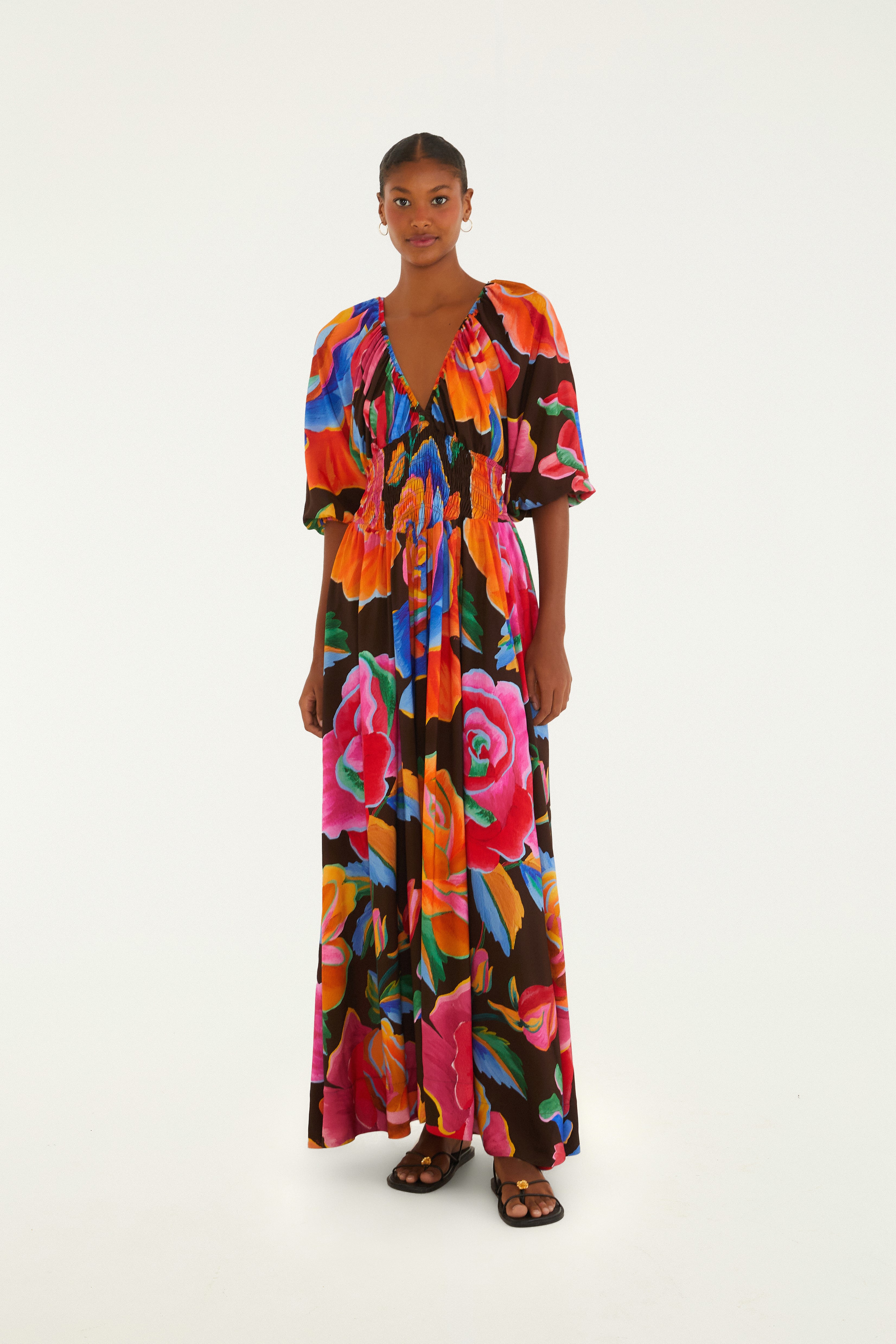 Vestido Longo Estampado Rosas Pintadas