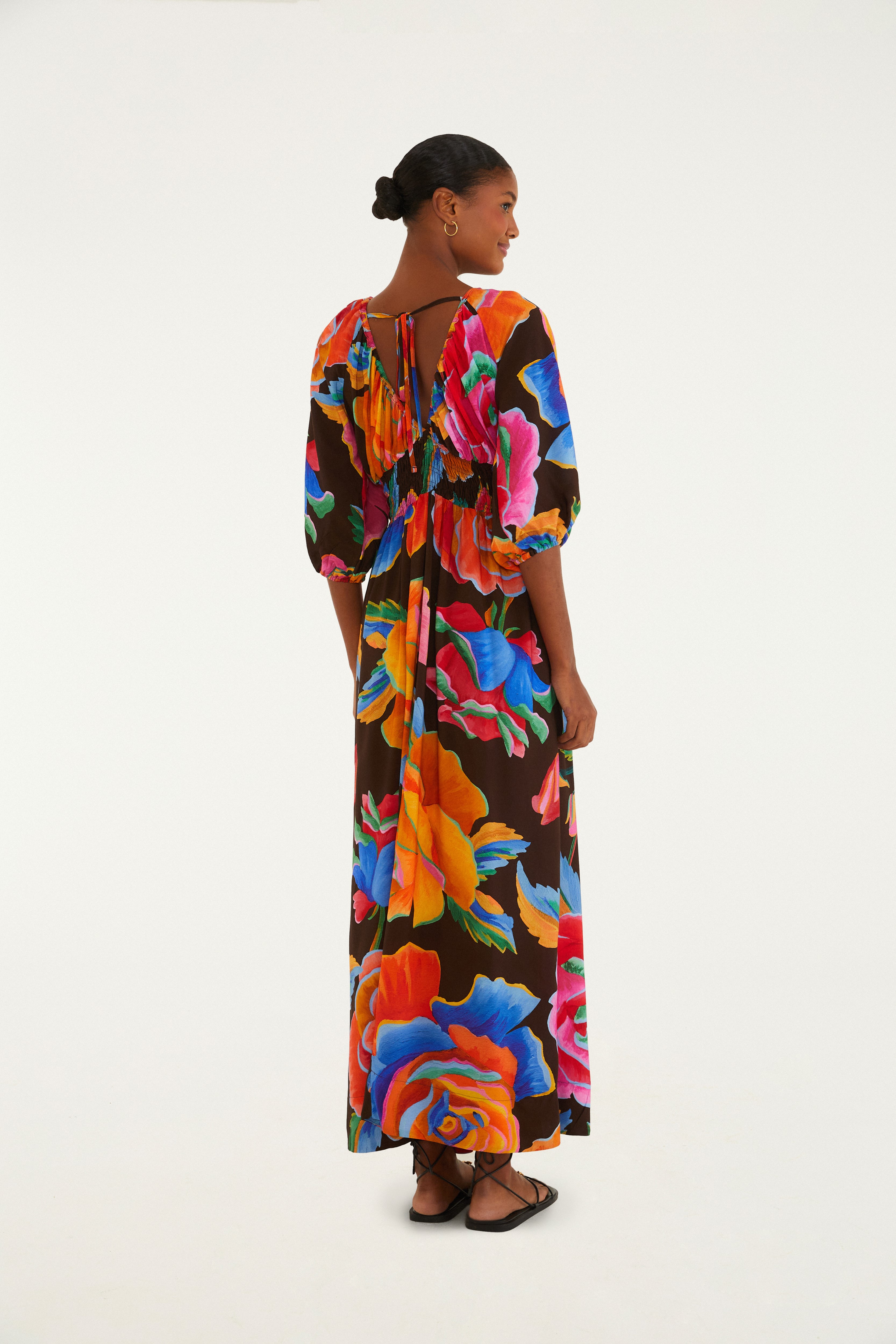 Vestido Longo Estampado Rosas Pintadas