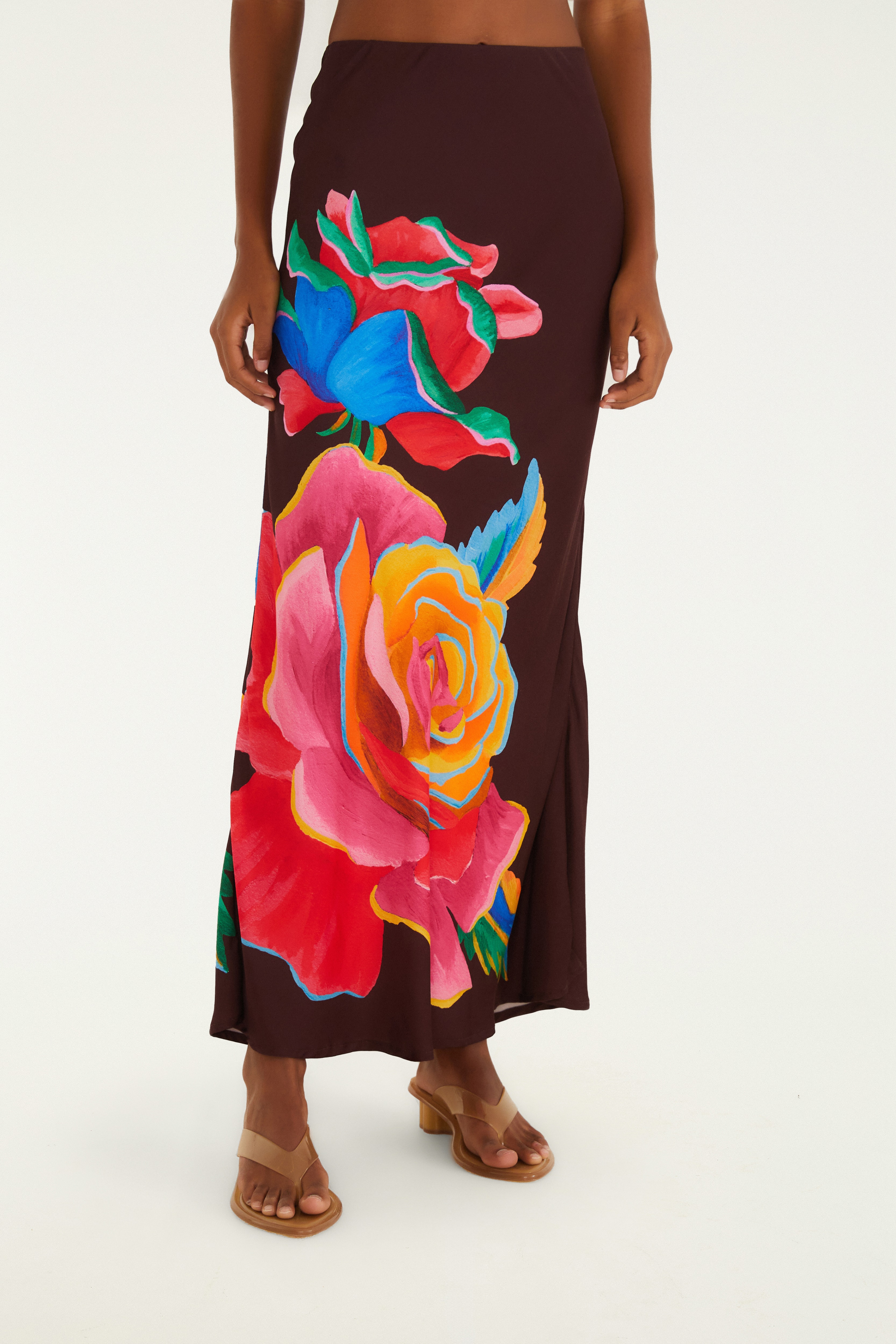 Saia Enviesada Estampada Rosas Pintadas Saia Enviesada Estampada Rosas Pintadas